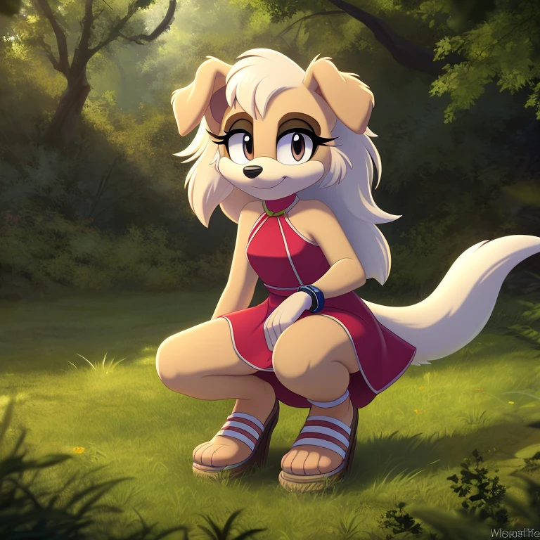1girl, white borzoi dog, ((Mobian)),  (2d art, cel shading), dog ears,  tall tail, white hair, long hair, (white ears), (floppy ears), brown eyes, white fur, ((brown eyelids)), WhiteSlavic, Slavic, red pattern dress, forest,  masterpiece, 4k, high quality, studio quality, extreme detail,  perfect detail, max detail, 