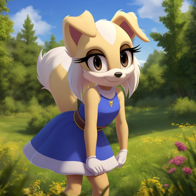 1girl, white borzoi dog, ((Mobian)),  (2d art, cel shading), dog ears,  tall tail, white hair, long hair, (white ears), (floppy ears), brown eyes, white fur, ((brown eyelids)), WhiteSlavic, Slavic, red pattern dress, forest,  masterpiece, 4k, high quality, studio quality, extreme detail,  perfect detail, max detail, 