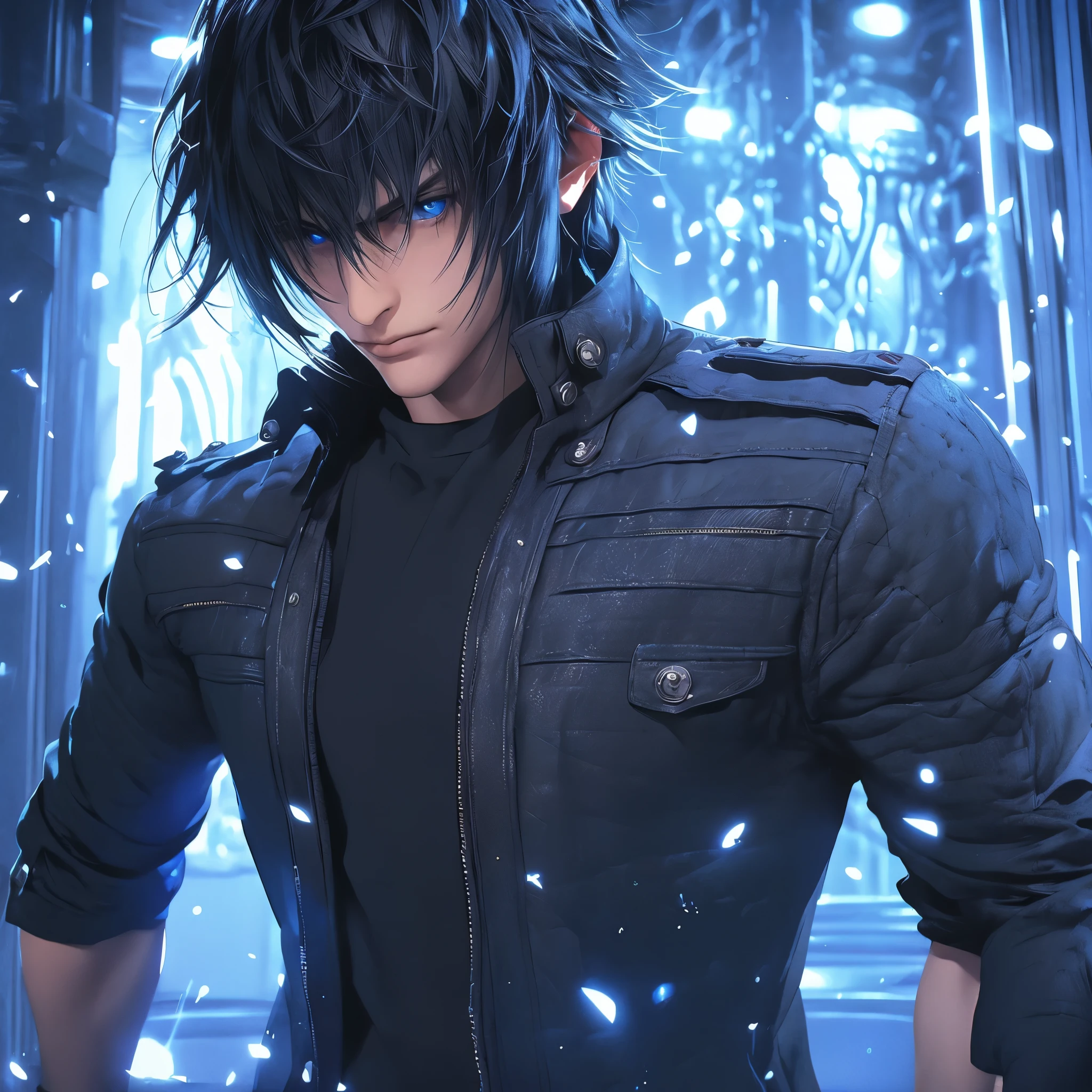 A man with black hair, wearing a black coat, black shirt, black pants, with a blue aura around him, blue eyes, a serious face, in a giant castle with white, futuristic architecture, ultra resolution, well defined, masterpiece, 8K HD.( solo man)
