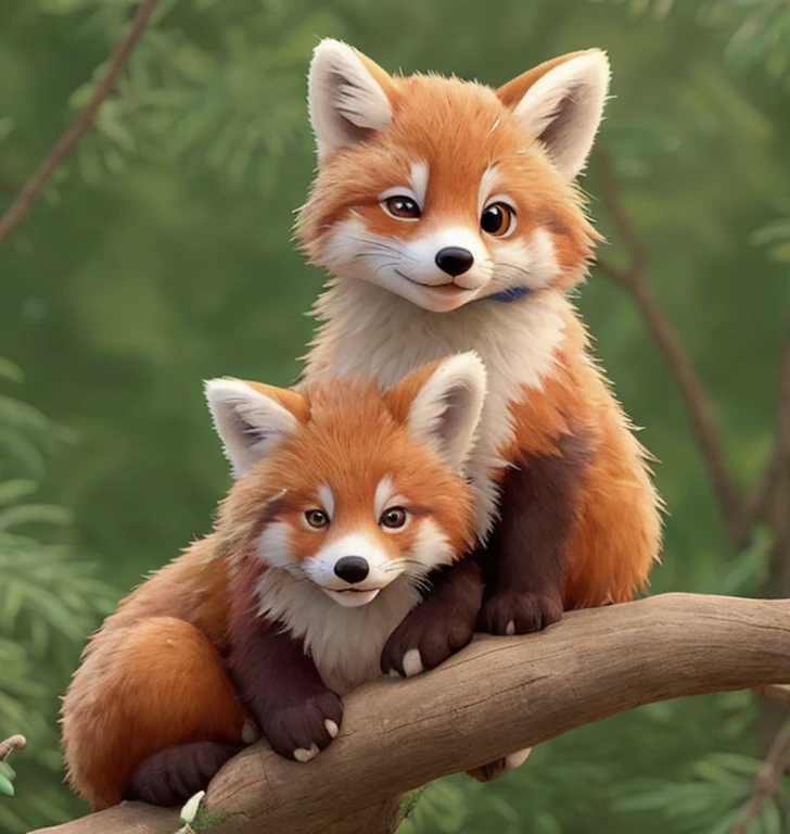 Two red pandas sitting together on a branch, Adorable digital painting, Cute and detailed digital art, Fox, Cute and detailed artwork, Cute digital art, かわいいFox, ファンタジーFoxの愛, サンタの帽子をかぶったFoxの, by ヤン・J, Jazz and Lost Draw, Cute 3D rendering, by Ryan Yee, Urop and Rostran, Cute artwork