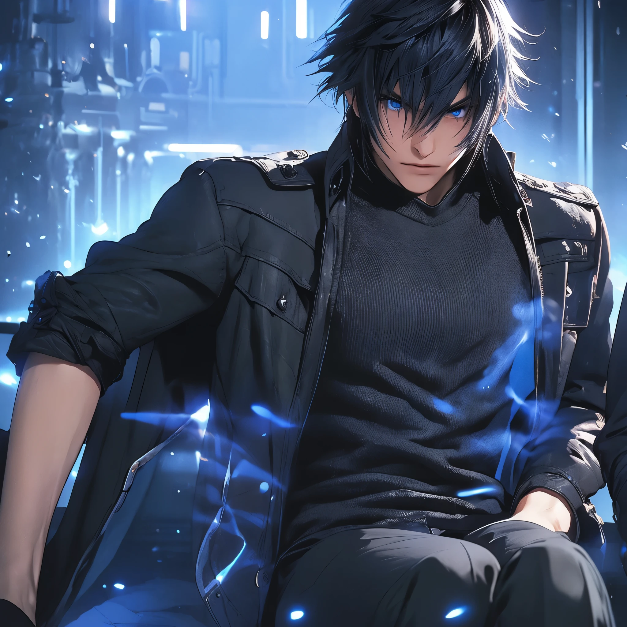 A man with black hair, wearing a black coat, black shirt, black pants, with a blue aura around him, blue eyes, a serious face, in a giant castle with white, futuristic architecture, ultra resolution, well defined, masterpiece, 8K HD.( solo man)
