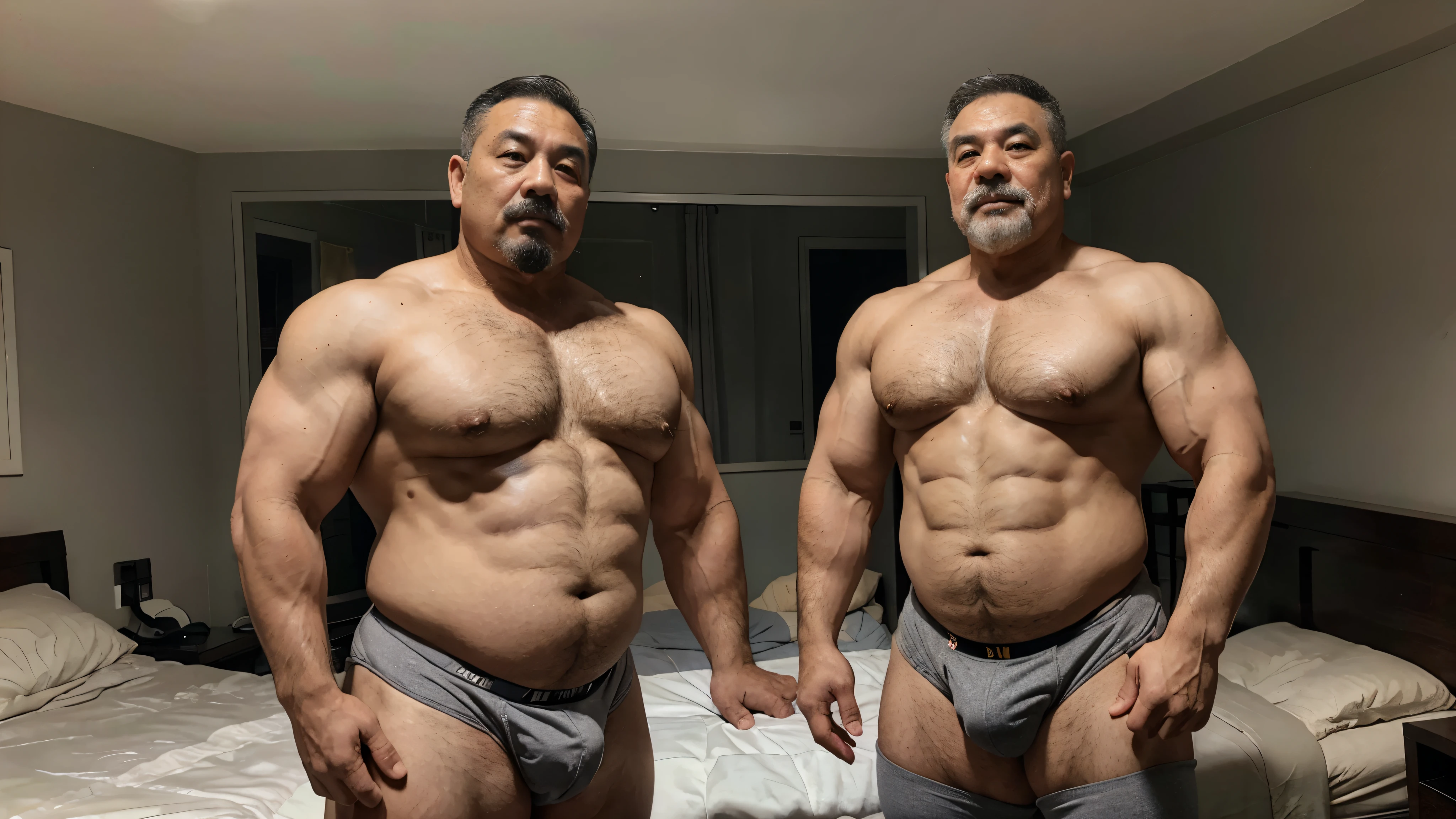 2 Vietnamese grandfathers with gray hair, old man face, a thick gray mustaches, a short gray chin beard, strongman body, wearing a massive bulging gray jockstraps stand in bedroom, have belly, big muscular chest, a sexy pose, show full body.