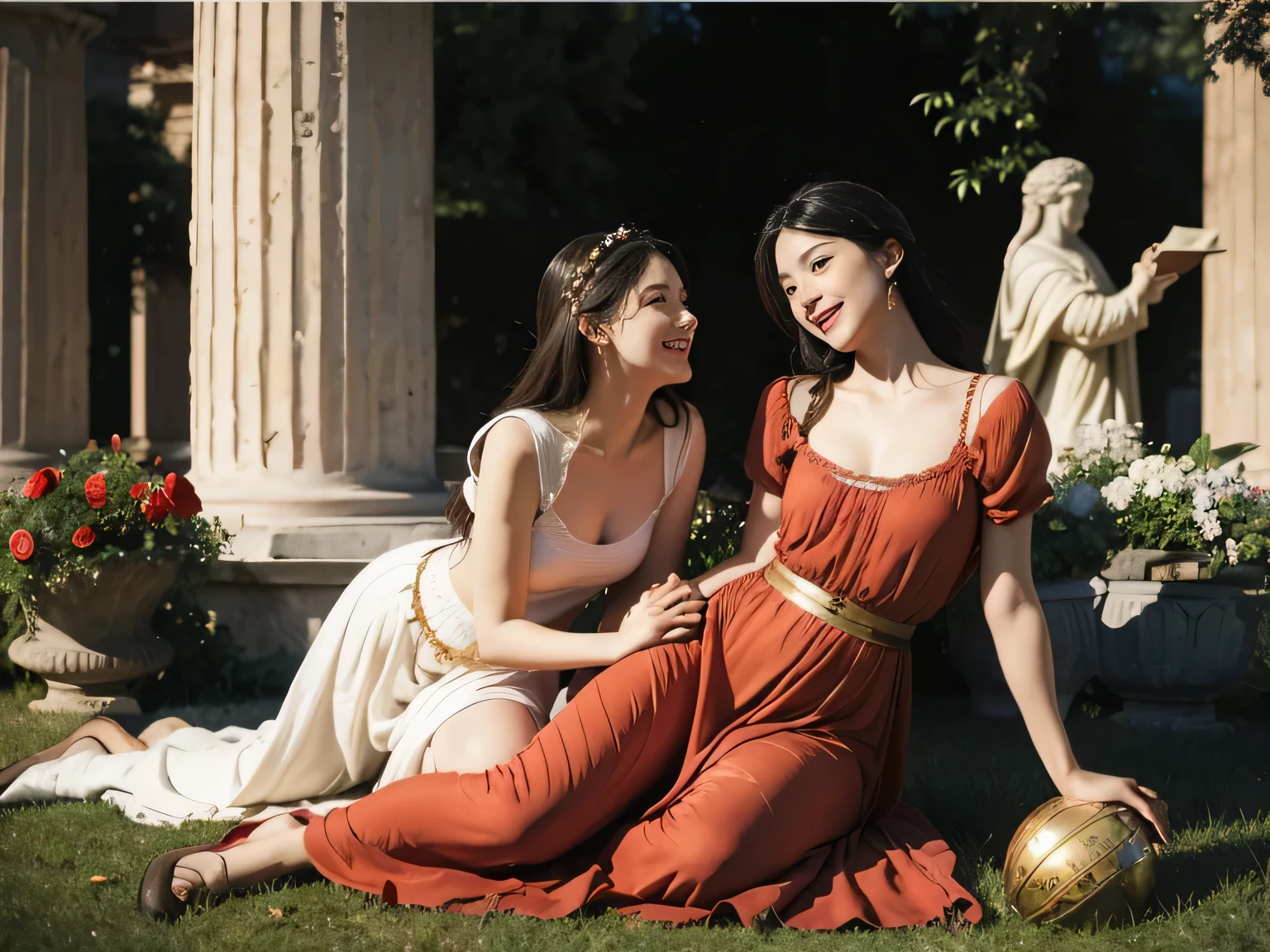 full body portrait or statue、Giorgione painting style,Arguments of two female Philosophe,math、astronomical machine、astronaut、roses in vase、fruits、Cute trinkets、smile、ancient greek costume、Ancient Roman landscape in the style of Nicolas Poussin,laughter,,Sweet and seductive appearance.、Caravaggio's paintings、Chiaroscuro of Caravaggio、hair tousled by the wind,Two women frolicking,cute smile, expression of ecstasy,Sexy,erotic