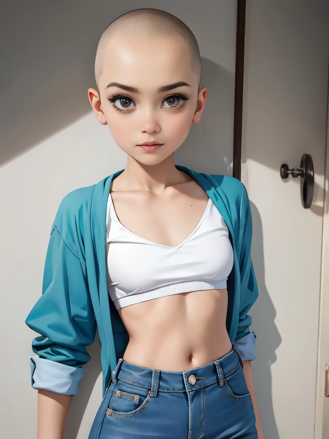 "Naked White Bra" ((Hairstyle is shaved head, skinhead)), (Malaysia female), age 25 years old, 8K, photottorialism, ((Flat Chest)), ((Short Jeans)) Street Village