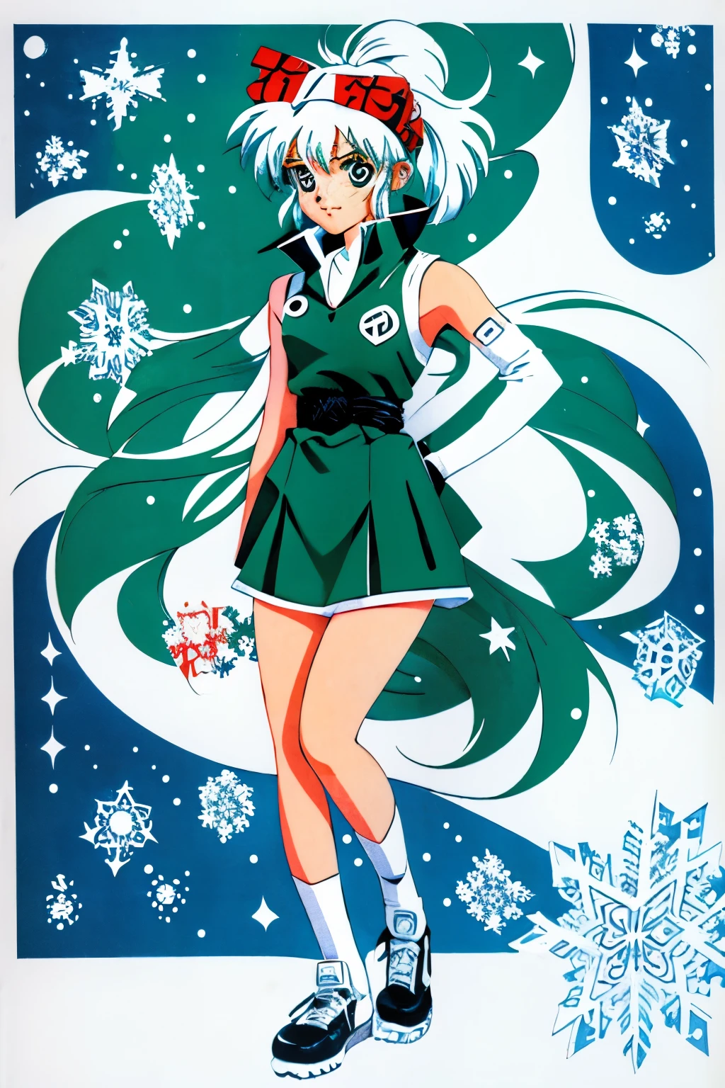 A CUTE ANIME GEEK GIRL OF THE UNIVERSE THROUGH THE SNOWFLAKE DIFFERENT MODELS, Character design, Full body shot, Anime style, manga art, Graffiti art, Inking, Graphic, Masterpiece, Design, Art by Jamie Hewlett, 2d illustration drawing, green colors