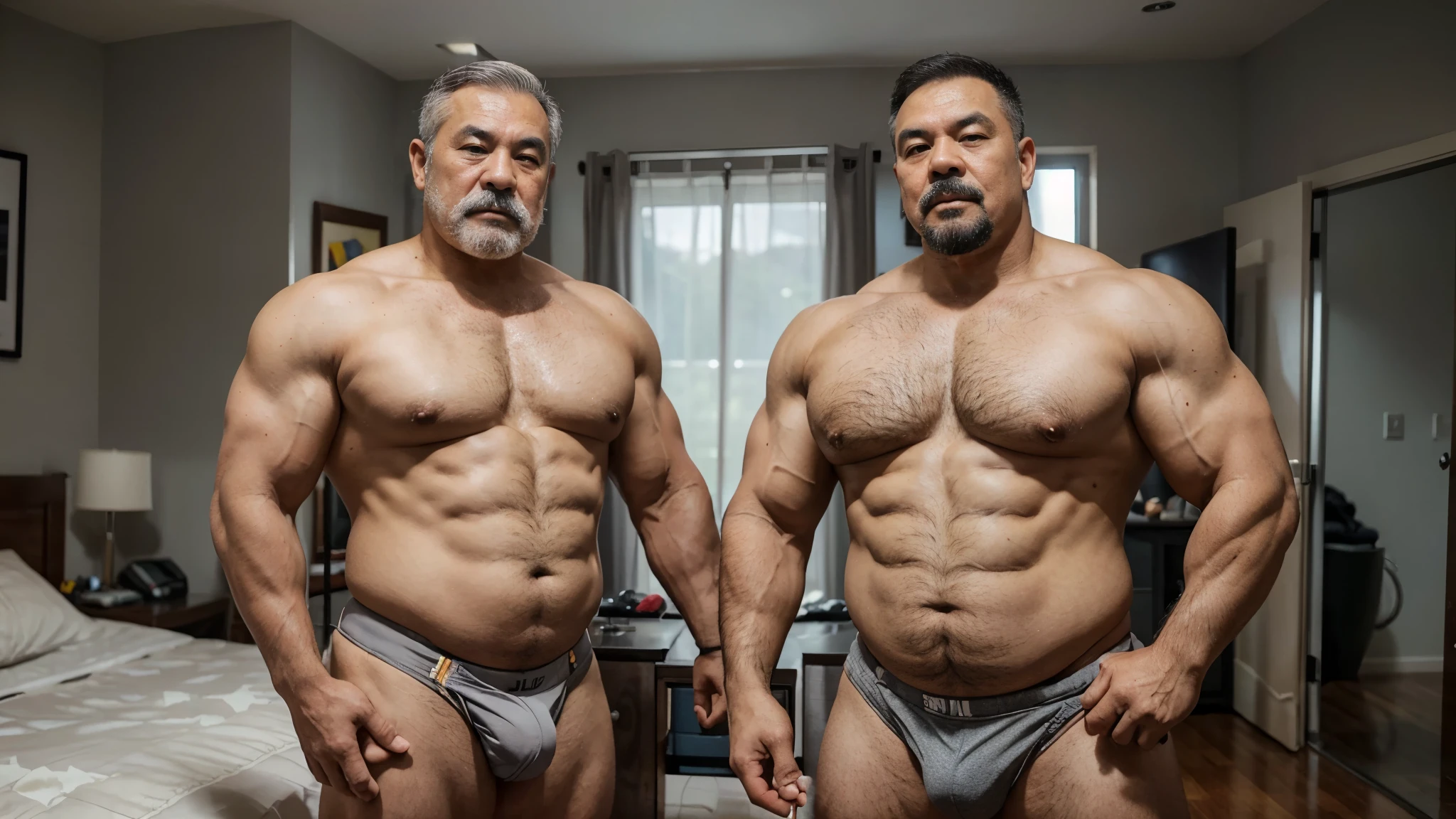 2 Vietnamese grandfathers with gray hair, old man face, a thick gray mustaches, a short gray chin beard, strongman body, wearing a massive bulging gray jockstraps stand in bedroom, have belly, big muscular chest, a sexy pose, show full body.