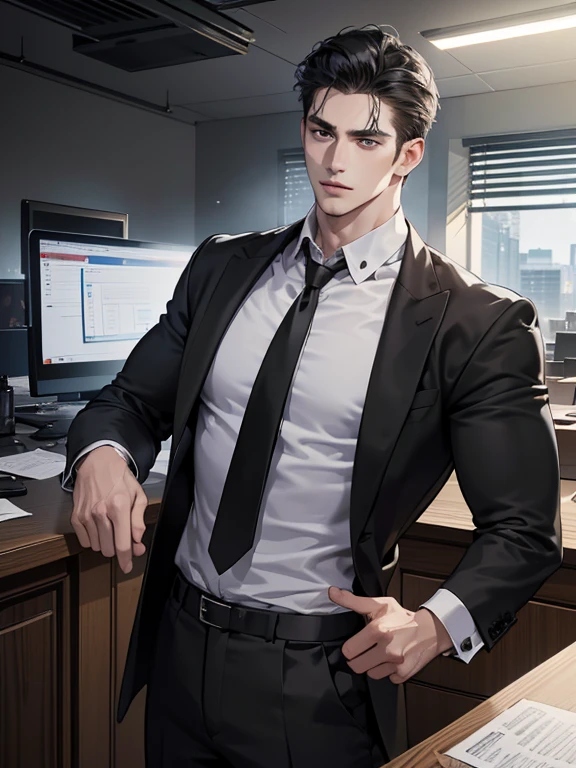 (best quality, masterpiece, 8K, photorealistic, cinematic lighting, hdr image, ultra detailed, beautiful image), 1 man, 31 years old, mature man, very handsome, (without expression, serious), short black hair, black eyes ( penetrating gaze), imposing posture, businessman, office background