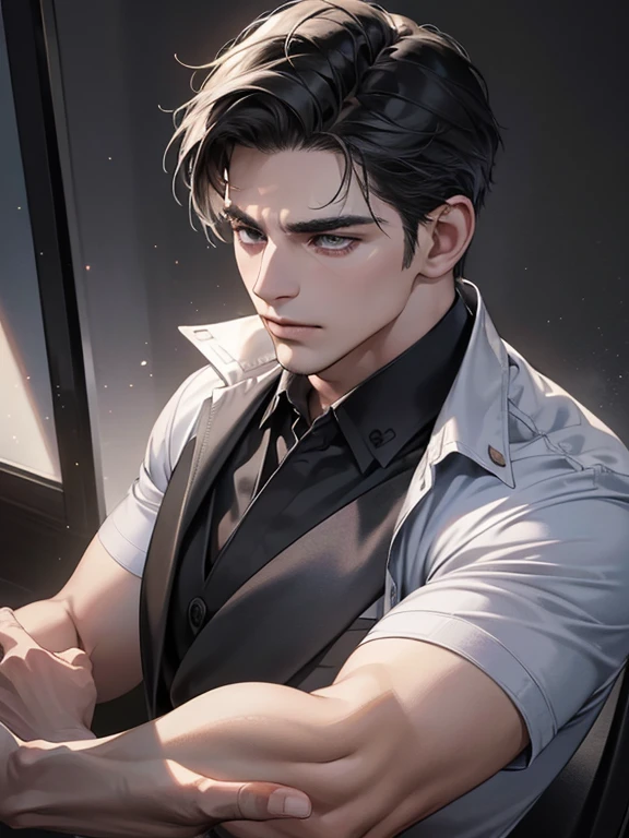 (best quality, masterpiece, 8K, photorealistic, cinematic lighting, hdr image, ultra detailed, beautiful image), 1 man, 31 years old, mature man, very handsome, (without expression, serious), short black hair, black eyes ( penetrating gaze), imposing posture, businessman, office background