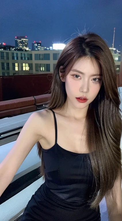 ((mid night、top-quality、8k、masterpiece:1.3))、full bodyesbian、long legged、sharp focus:1.2、Beautiful woman with perfect body shape:1.4、Slender Abs:1.1、((dark brown hair、huge-breasted:1.2))、(Tight fitness wear、is standing:1.2)、((Night City View、On the rooftop:1.3))、Highly detailed facial and skin texture、A detailed eye、double eyelid