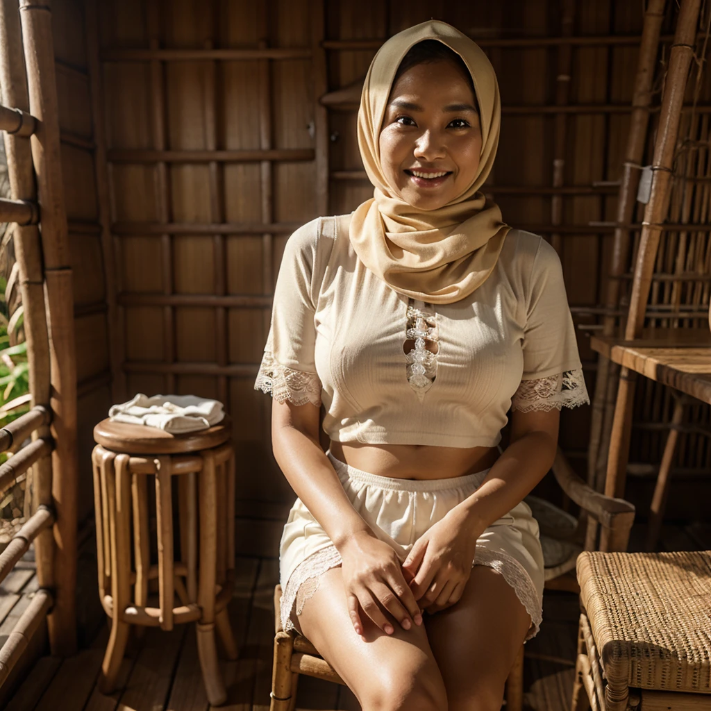 A 52 years old Indonesian woman in cream color hijab, wearing cream color bra, wearing very short see-through cream color lace skirt, villager, poor woman, darker skin, curvier body, short body, smiling and sitting alone on a stool in an old bamboo cabin in a forest, look to the viewer with eye close.