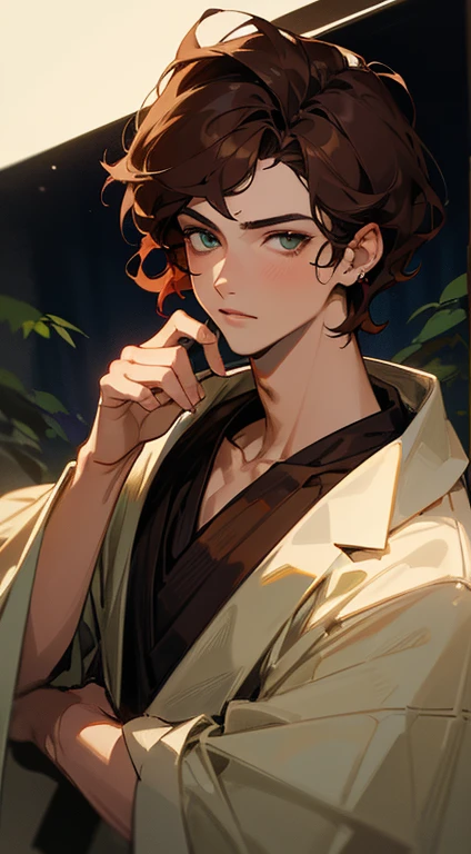 ((tmasterpiece)),(((beste-Qualit))), Close-up of young boy with brown hair, Subsurface scattering skin, Attractive humanoid, in rustic clothes, shirt, high detail, Skinny fantasy man, Fan art, Art, looks at the viewer, handsome male, ruddy, Green eyes, Skinny face, sunken cheeks, Beautiful deep gaze, seductive gaze, Melancholic appearance, sharp chin, Smooth face, earring in the ear, Hair gradient, hair color from brown to red, thin eyebrows, short hair on the side, pixie hairstyle, Wavy Hair, Dark Forest, the night, dim moonlight, Silvery mist