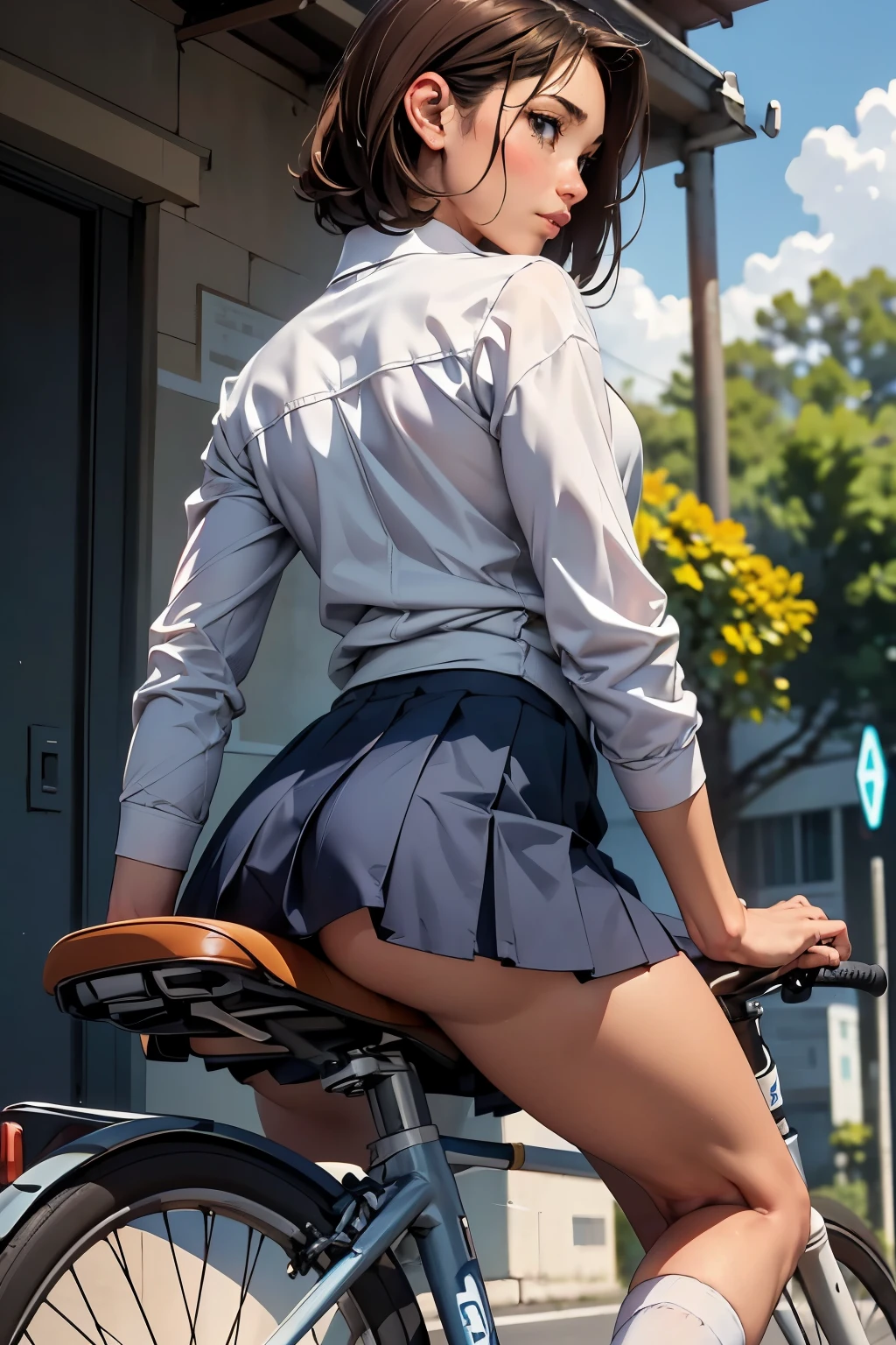 ((highest quality)), ((masterpiece)), (be familiar with),  (High definition), 8K, Best Shadow, The best natural lighting, Cinematic, A high school girl commuting to school on a road bike、((自転車で走り去っていくBack view))、(brown medium hair)、Navy blazer、Slightly long navy skirt、(White socks)、((Back view))、covert photography、((View from directly below))、Zoom in on the bike saddle、Manga panel layout、Manga style、Manga Design、morning、Oblique rear view