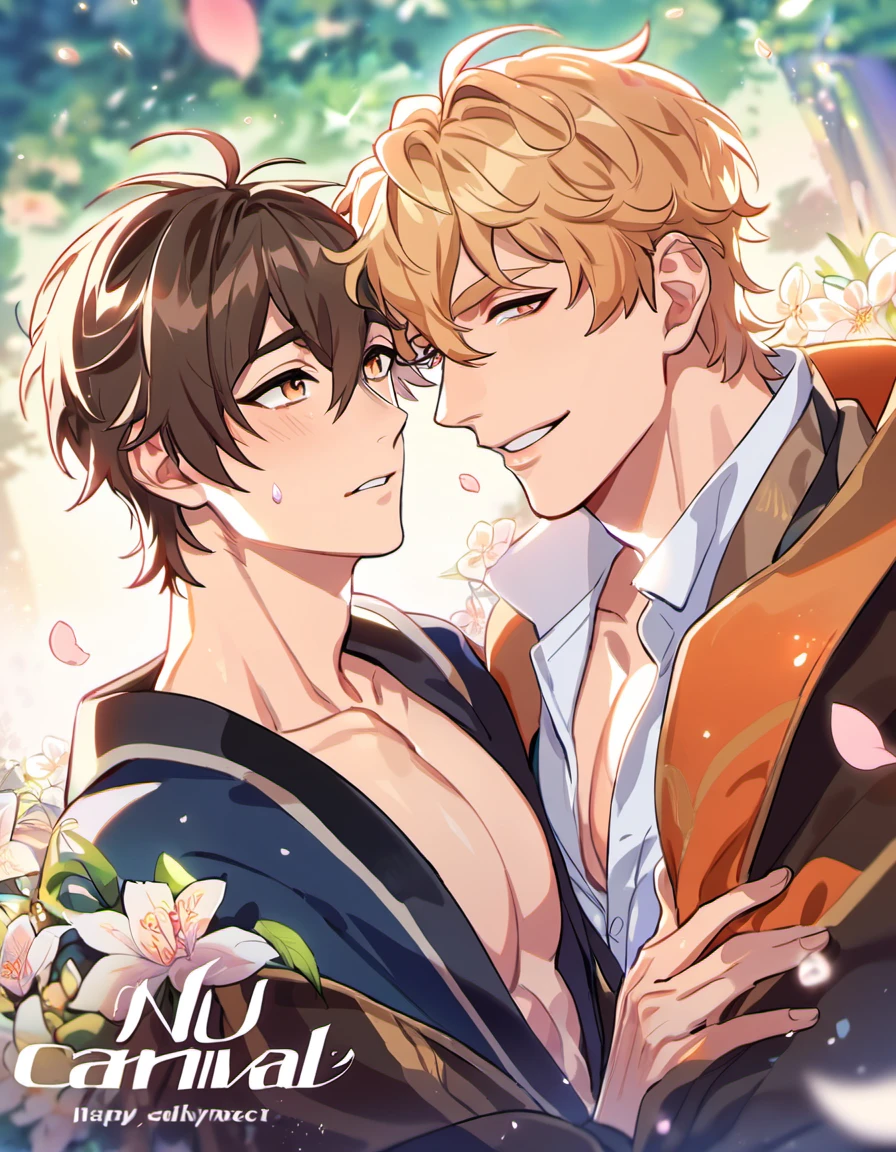 absurdres, highres, ultra detailed, HDR, master piece, best quality, Quincy, blond messy short hair, expressive orange eyes, Nu Carnival, Eiden, expressive brown eyes, 2men together, sexy gay couple, handsome, fantasy black haori, accessories, showing the chest, magical forest, petals, flowers