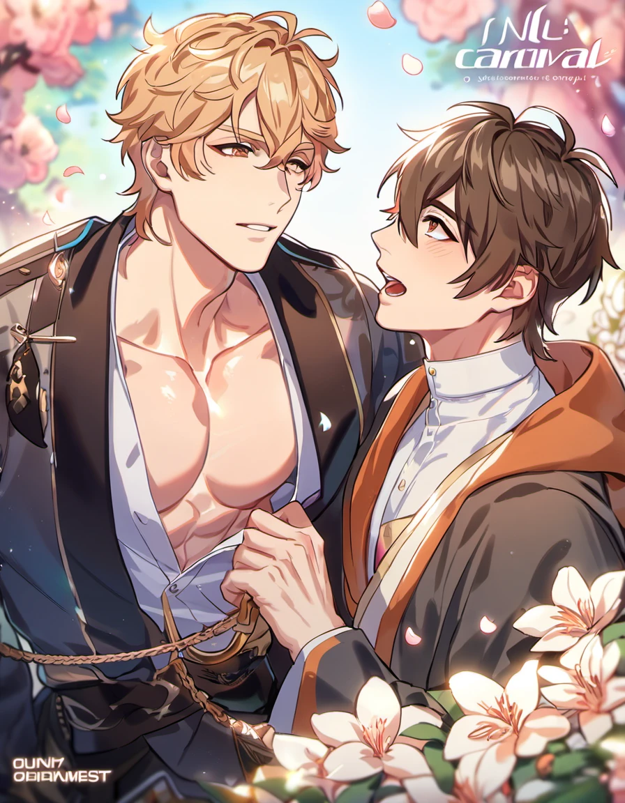 absurdres, highres, ultra detailed, HDR) master piece, best quality, Zhongli, black hair, expressive yellow eyes, genshin impact, Tartaglia, brown-orange hair, expressive blue eyes, two sexy men together, gay couple, yaoi, handsome, erotic, sensual, jacket, black boxers, pink flowers, pink butterflies, sunlight, gemstone, water