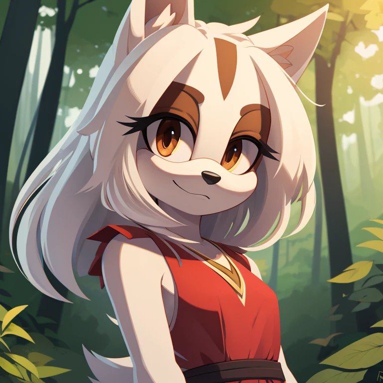 1girl, white borzoi dog, ((Mobian)),  (2d art, cel shading), dog ears,  tall tail, white hair, long hair, (white ears), (floppy ears), brown eyes, white fur, ((brown eyelids)), WhiteSlavic, Slavic, red pattern dress, forest,  masterpiece, 4k, high quality, studio quality, extreme detail,  perfect detail, max detail, 