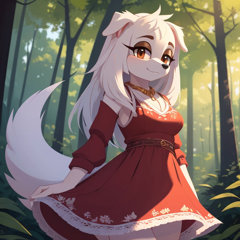 1girl, white borzoi dog, ((Mobian)),  (2d art, cel shading), dog ears,  tall tail, white hair, long hair, (white ears), (floppy ears), brown eyes, white fur, ((brown eyelids)), WhiteSlavic, Slavic, red pattern dress, forest,  masterpiece, 4k, high quality, studio quality, extreme detail,  perfect detail, max detail, 