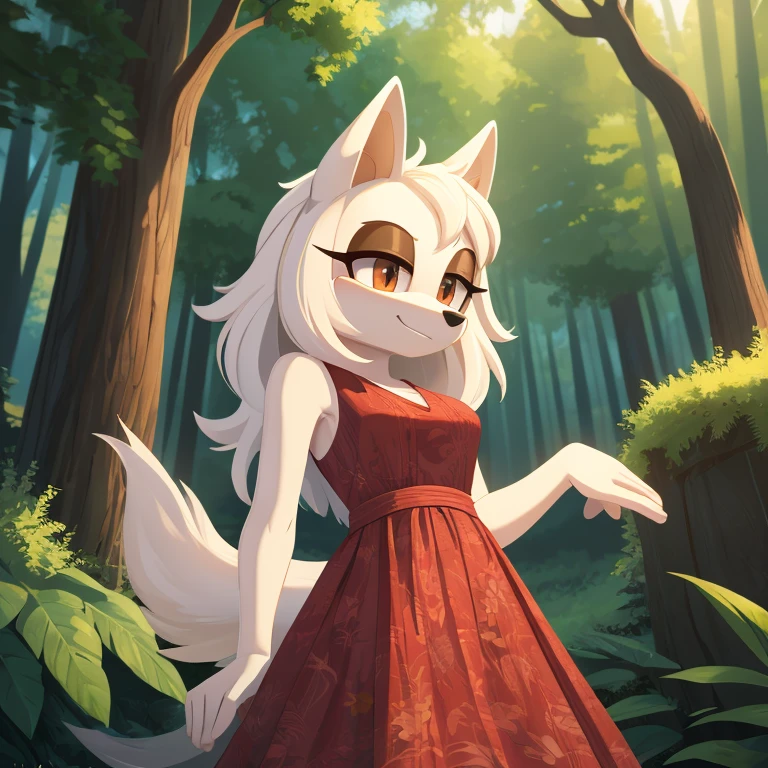 1girl, white borzoi dog, ((Mobian)),  (2d art, cel shading), dog ears,  tall tail, white hair, long hair, (white ears), (floppy ears), brown eyes, white fur, ((brown eyelids)), WhiteSlavic, Slavic, red pattern dress, forest,  masterpiece, 4k, high quality, studio quality, extreme detail,  perfect detail, max detail, 