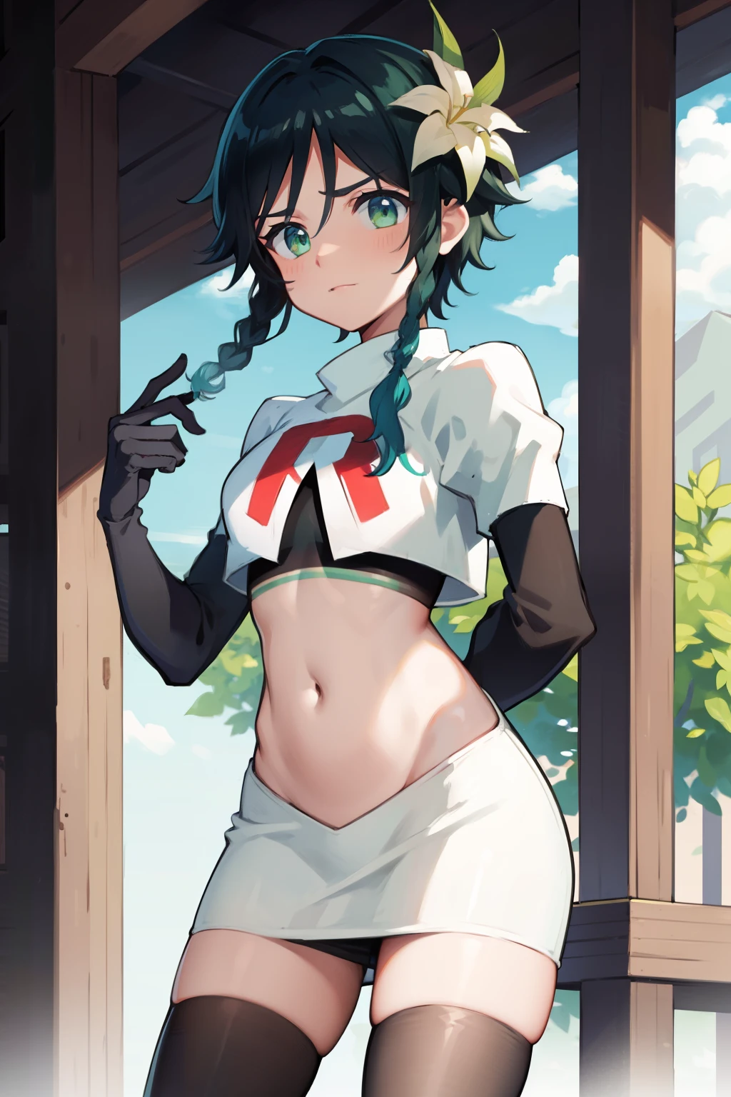 absurdres,venti,1boy, male focus, trap,black hair, green-blue hair, hair braid,hair flower,aqua green eyes,crossdressing,1boy,team rocket,team rocket uniform,white skirt,red letter R,crop top,black thigh-highs,black elbow gloves, embarrassed, blush