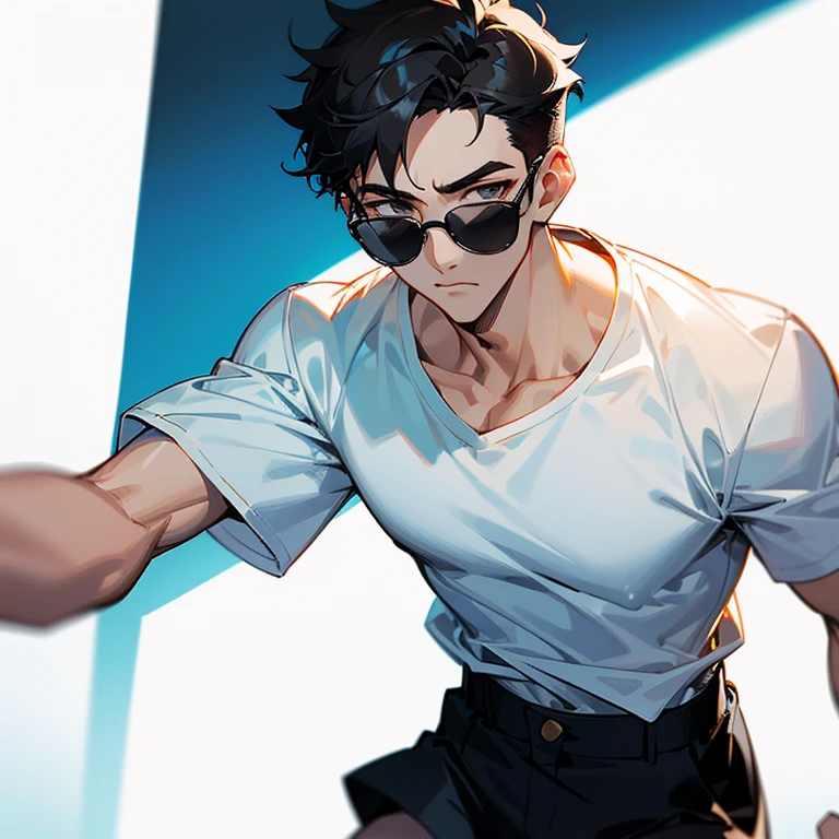 Handsome guy with short hair。Wearing black-framed glasses。White T-shirt,Black shorts。bust。 man.
