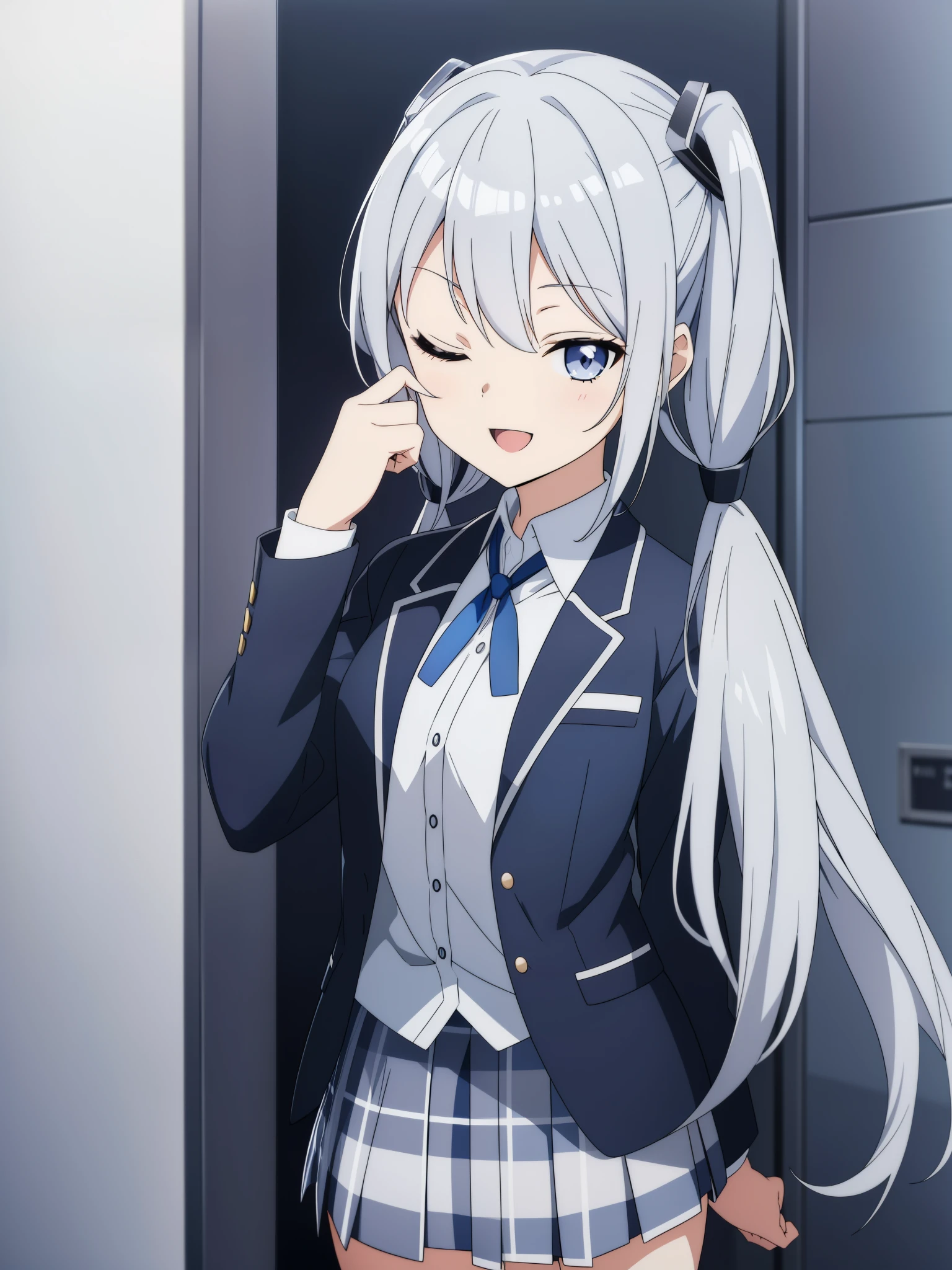 1girl, anime girl, silver hair, long twintails, silver eyes, dark blue school suit, plaid skirt, white background, looks at viewer, headshot pfp, :D, one eye closed