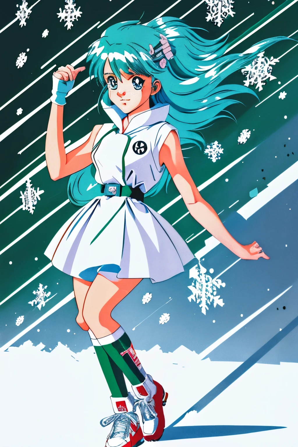 A CUTE ANIME GEEK GIRL OF THE UNIVERSE THROUGH THE SNOWFLAKE DIFFERENT MODELS, Character design, Full body shot, Anime style, manga art, Graffiti art, Inking, Graphic, Masterpiece, Design, Art by Jamie Hewlett, 2d illustration drawing, green colors
