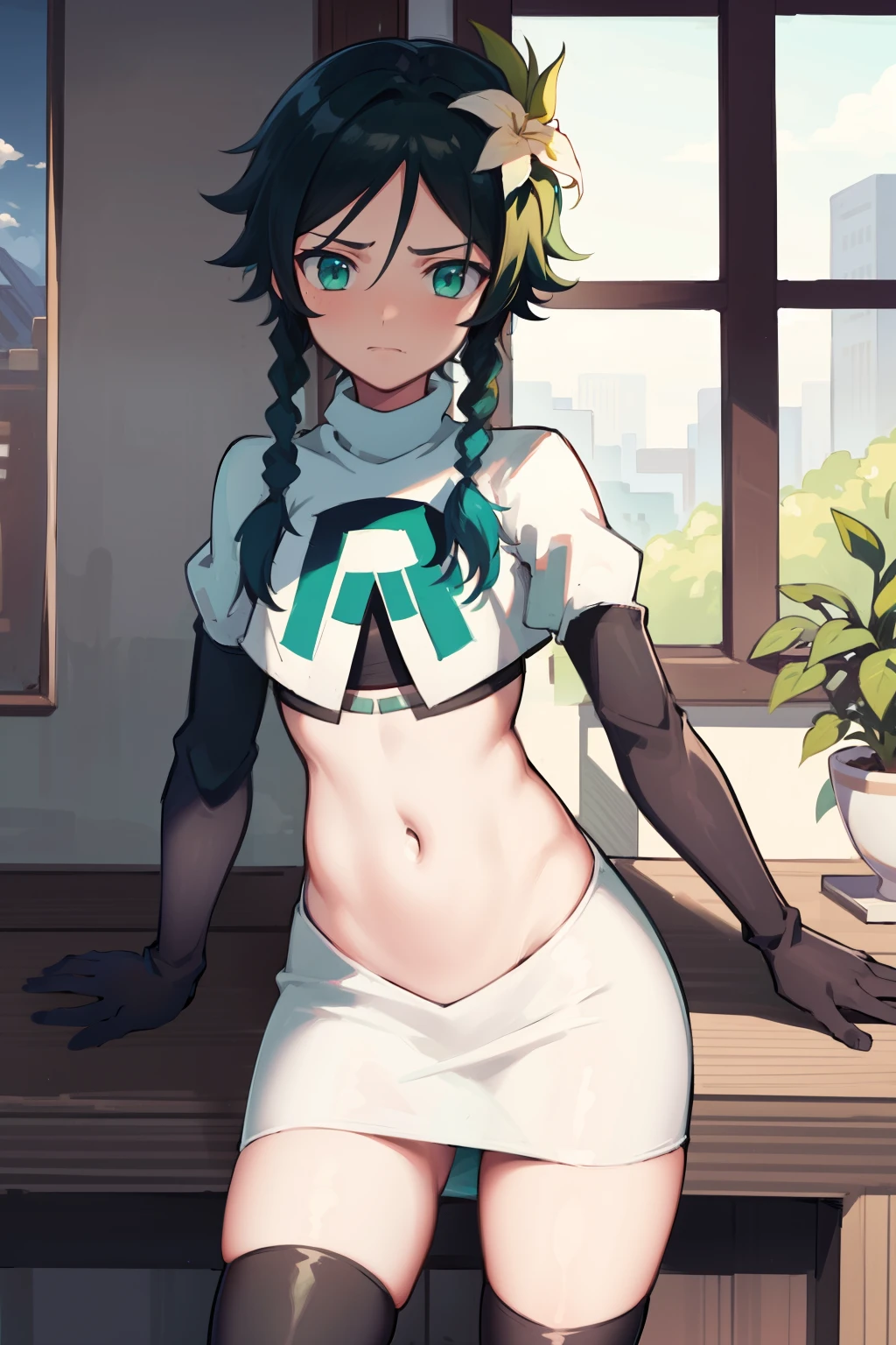 absurdres,venti,1boy, male focus, trap,black hair, green-blue hair, hair braid,hair flower,aqua green eyes,crossdressing,1boy,team rocket,team rocket uniform,white skirt,red letter R,crop top,black thigh-highs,black elbow gloves, embarrassed, blush