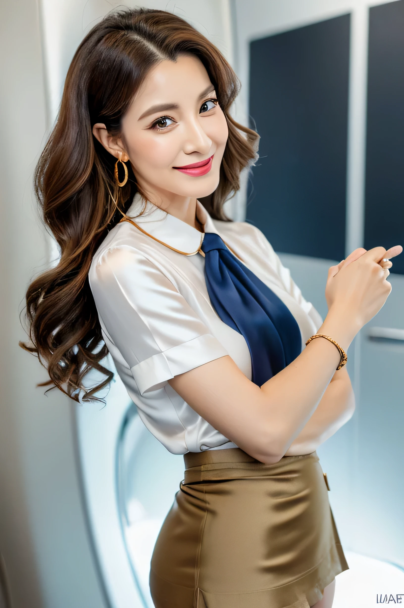 (RAW Photos:1.2), (Photorealistic), Beautiful details, (Genuine: 1.4), Very detailedな目と顔, Beautiful and fine details, standing in the office、(Ultra-realistic high heels)、Large file size, High resolution, Very detailed, highest quality, [masterpiece:1.6], Awareness-raising, Very detailed, Hmph, In detail, highest quality, 8k wallpaper, One mature woman, 43 years old, Perfect figure, cute drooping eyes,Beautiful big eyes、Pieck Finger, ((Tabletop)), highest quality, One mature woman, eye shadow, Portraiture, ((full body shot:1.4))((brown super long hair:1.2))((Loosely wavy hair:1.3))((Gold Necklace＿Big earrings:1.3))Standing Elegantly、((A shy smile:1.3)),full body shot、((Full figured supermodel standing, whole body in frame))、(Stewardess Uniform,Flight attendant uniform,Tight mini skirt,White shirt,Silk scarf,Inside the plane:1.4), (Inside a private jet, indoor, Very detailed background:1.2),(Stewardess Uniform,Flight attendant uniform,Tight mini skirt
