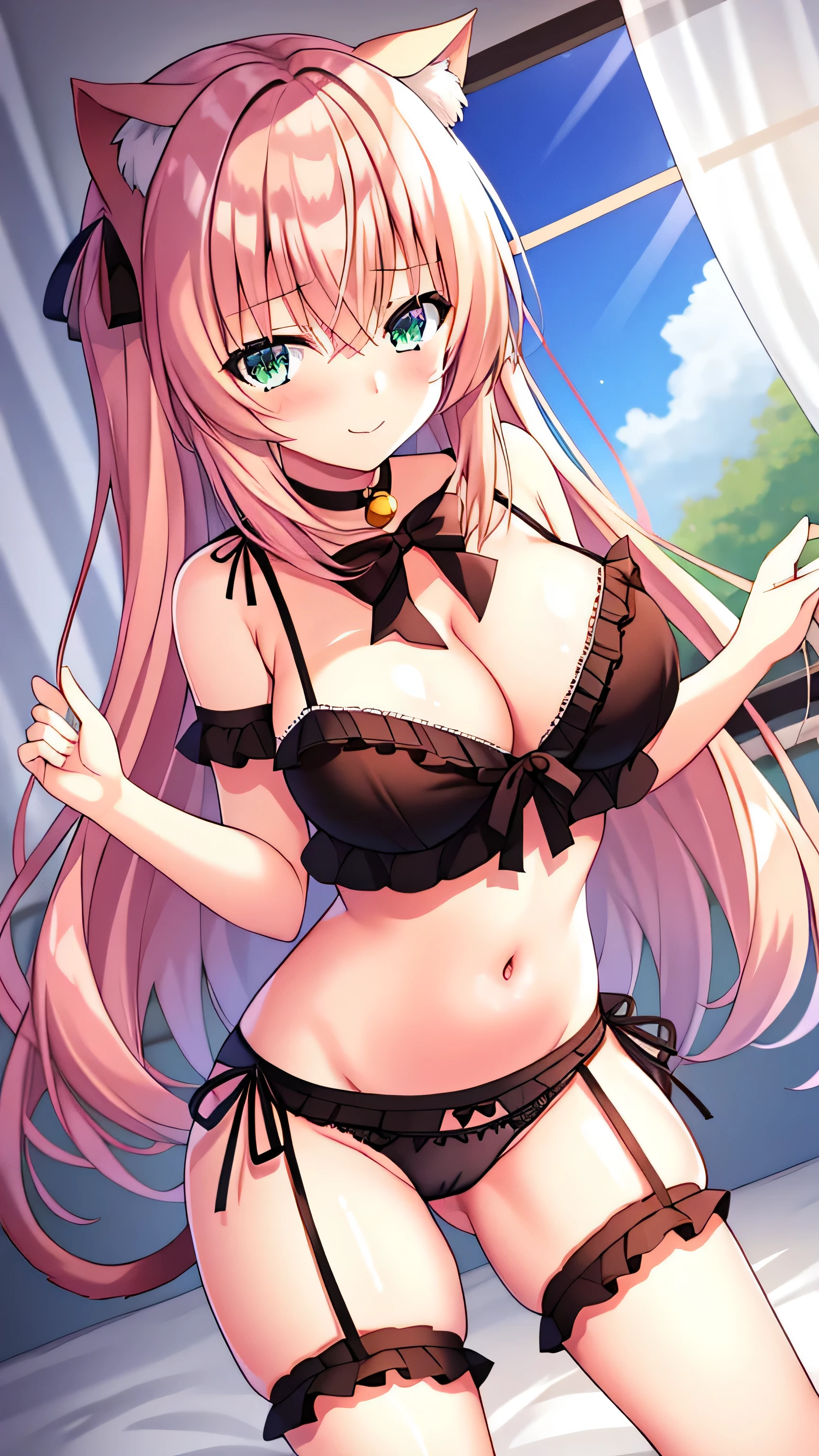 1girl, animal_ears, solo, underwear, breasts, brown_hair, panties, cat_ears, bell, green_eyes, twintails, curtain_grab, babydoll, tail, looking_at_viewer, long_hair, navel, curtains, cat_tail, smile, cat_girl, cleavage, bare_shoulders, jingle_bell, collarbone, animal_ear_fluff, choker, bare_arms, closed_mouth, green_panties, strap_slip, neck_bell, frills, lingerie, underwear_only, medium_breasts, spaghetti_strap, standing, cowboy_shot, large_breasts, window, thighs, frilled_choker, bangs, frilled_panties, dutch_angle, blush, indoors, cameltoe, stomach,