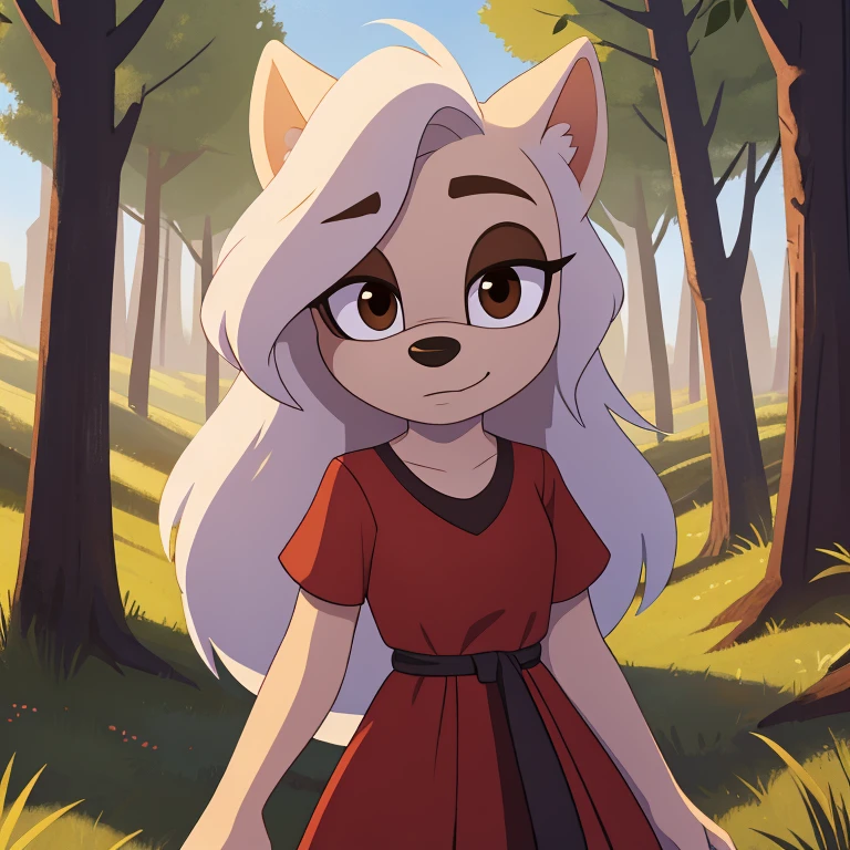 1girl, white borzoi dog, ((Mobian)), (2d art, cel shading), dog ears, tall tail, white hair, long hair, (white ears), (floppy ears), brown eyes, white fur, ((brown eyelids)), WhiteSlavic, Slavic, red pattern dress, forest, masterpiece, 4k, high quality, studio quality, extreme detail, perfect detail, max detail,