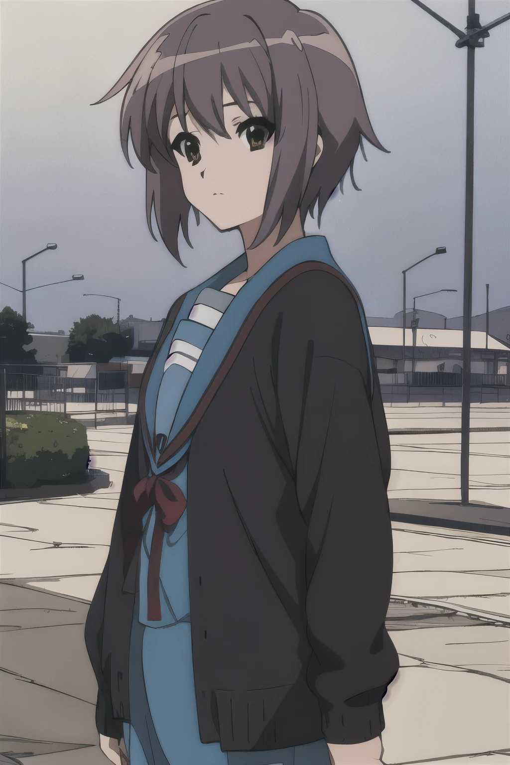 masterpiece, best quality, high resolution,
cowboy shot, anime coloring,(Pavement and Snowscape:1.2)
kyoani haruhi style, cinematic,
,kyoani haruhi style, 1girl, solo, yuki nagato, nagato yuki,nagato yuki \(The SUZUMIYA HARUHI\), kita high , short hair, , blue sailor collar, sailor collar, serafuku, cardigan, purple hair, bangs, brown eyes, anime coloring, small breasts, ((masterpiece)), 