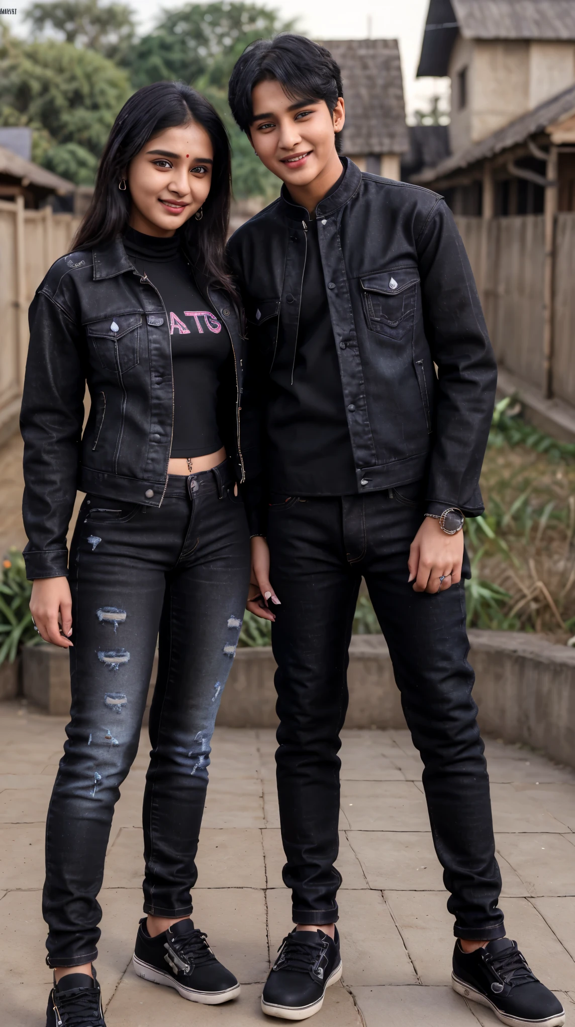 3d realistic 18-year-old bts couple boy wearing black denim jacket and black jeans and black shoes and girl wearing black suit salwar and background village सिटी clothes written boy name, nancy, and girl name Clouth written, ankita, smiles couple romancing big bobs