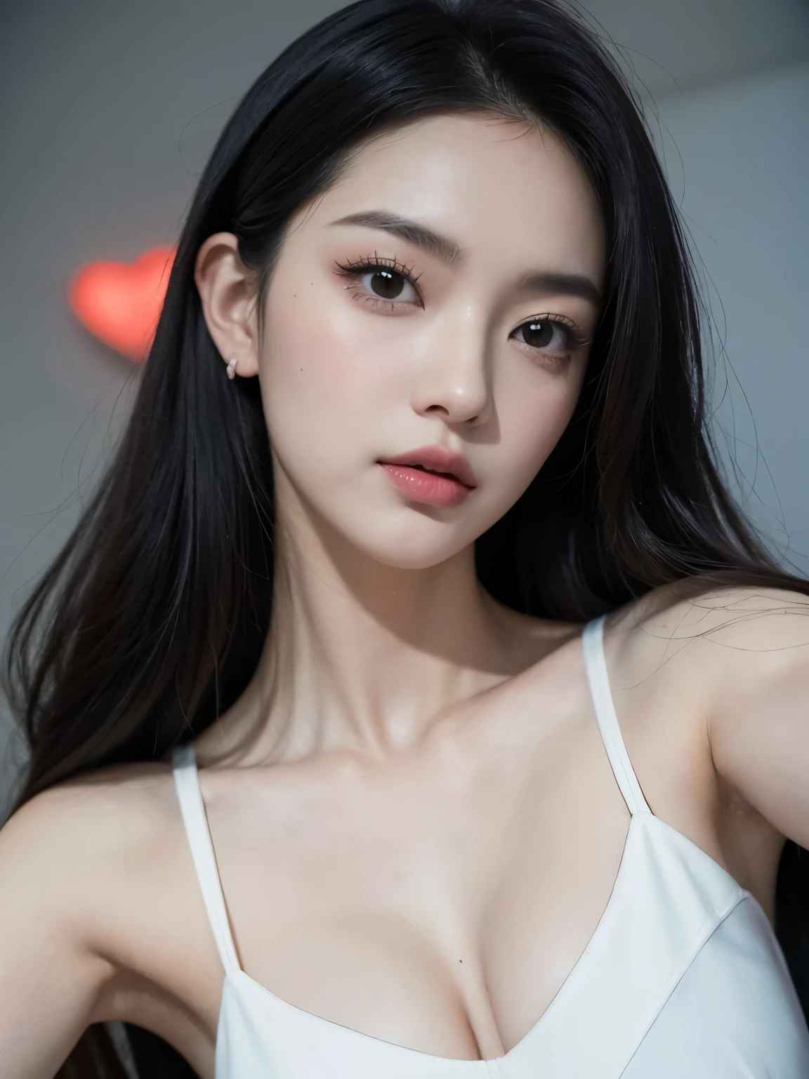 Kim jennie con el cabello negro oscuro, con rulos en las puntas del cabello negro oscuro, con un ganchito de estrella en el cabello negro oscuro, ojos de color claro, ojos bonitos, ojos llorosos, nariz bonita y respingada, labios bonitos, labios rosas, heart and cupid shaped lip, piel bonita, pale, piel blanca, con lunares y pecas en todo el rostro, rubor rosa suave en las mejilla, rubor rosa natural, maquillaje suave y rosa, jennie, cuellos bonito, cuello marcado, frown, mirada enojada, con un collar de beso, un collar bonito de beso, mientras tiene un traje de Yumeko Jabami, cospaly de Yumeko Jabami, mientras tiene una camisa blanca, con tiene un traje de color rojo encima de su camisa blanca, apretado a su cuerpo, con una falta negra corta mientras tiene el abdomen desnudo, delgado, marcado y bonito, (pechos grandes, pechos suaves, pechos bonitos, pechos naturales), mientras esta haciendo cospaly del personaje Yumeko Jabami, del anime Kakegurui, mirando a la camara, autofoto, selfie bonita