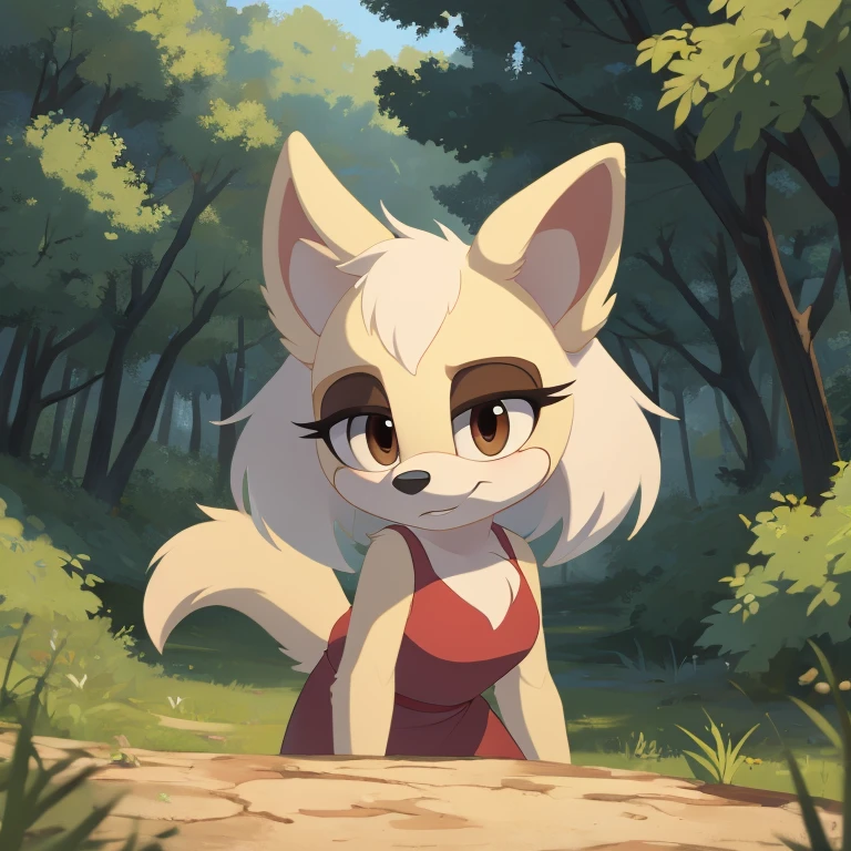 1girl, white borzoi dog, ((Mobian)), (2d art, cel shading), dog ears, tall tail, white hair, long hair, (white ears), (floppy ears), brown eyes, white fur, ((brown eyelids)), WhiteSlavic, Slavic, red pattern dress, forest, masterpiece, 4k, high quality, studio quality, extreme detail, perfect detail, max detail,