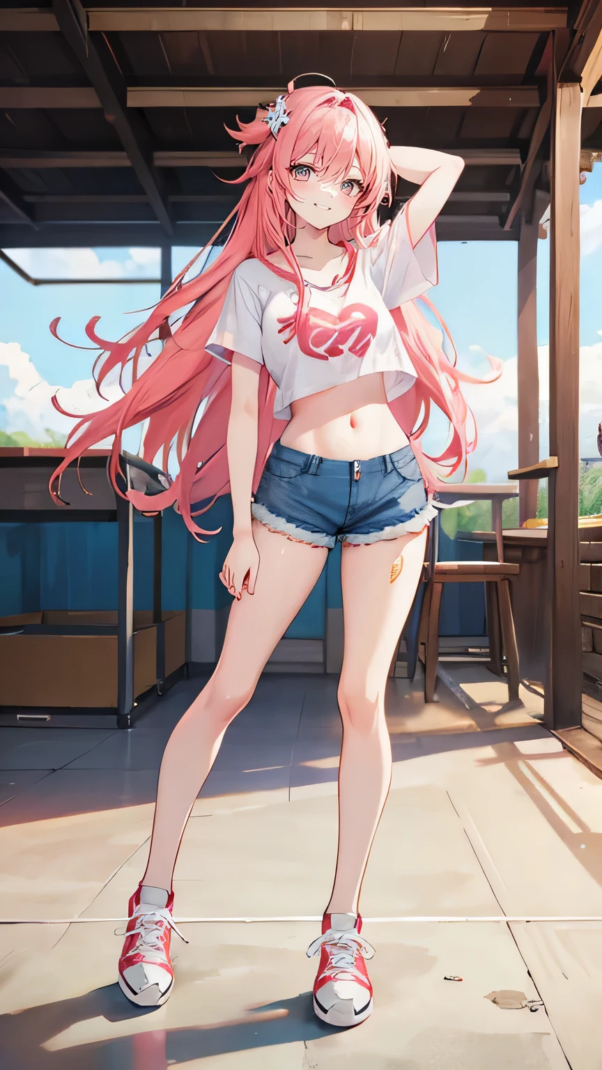 Coral pink hair,Long hair,hair over one eye,Gray eyes,feather hair ornament,cute,Girl,Laughing happy expression,Short sleeves with exposed shoulders,Denim shorts,Navel,Wearing sneakers,Standing on the ground,Don't show your arms,Inside the classroom with a blue background,many clouds