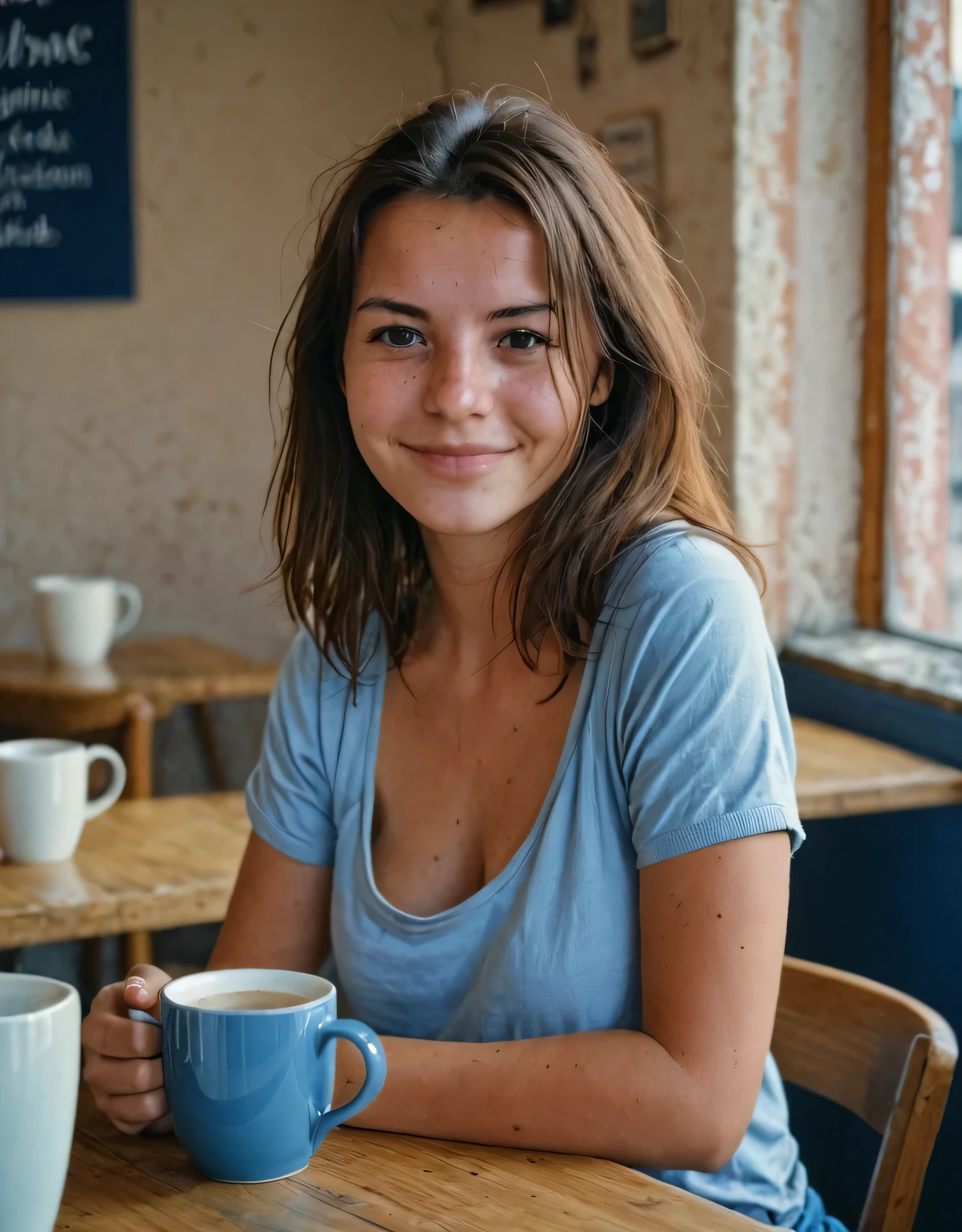 femme, en buvant, café, Souriant, casual outfit, café, interior, natural light, Fond flou, mise au point sélective, t-shirt bleu, brunette, jeune adulte, Relaxed pose, détourner le regard, expression du contenu, ceramic mug, day light, milieu urbain, mode de vie, ton de couleur chaude, fermer, faible profondeur de champ, Candide, serein, main tenant une tasse, Fujifilm XT3, Canon R5, Fujicolor Fujichrome Velvia 100