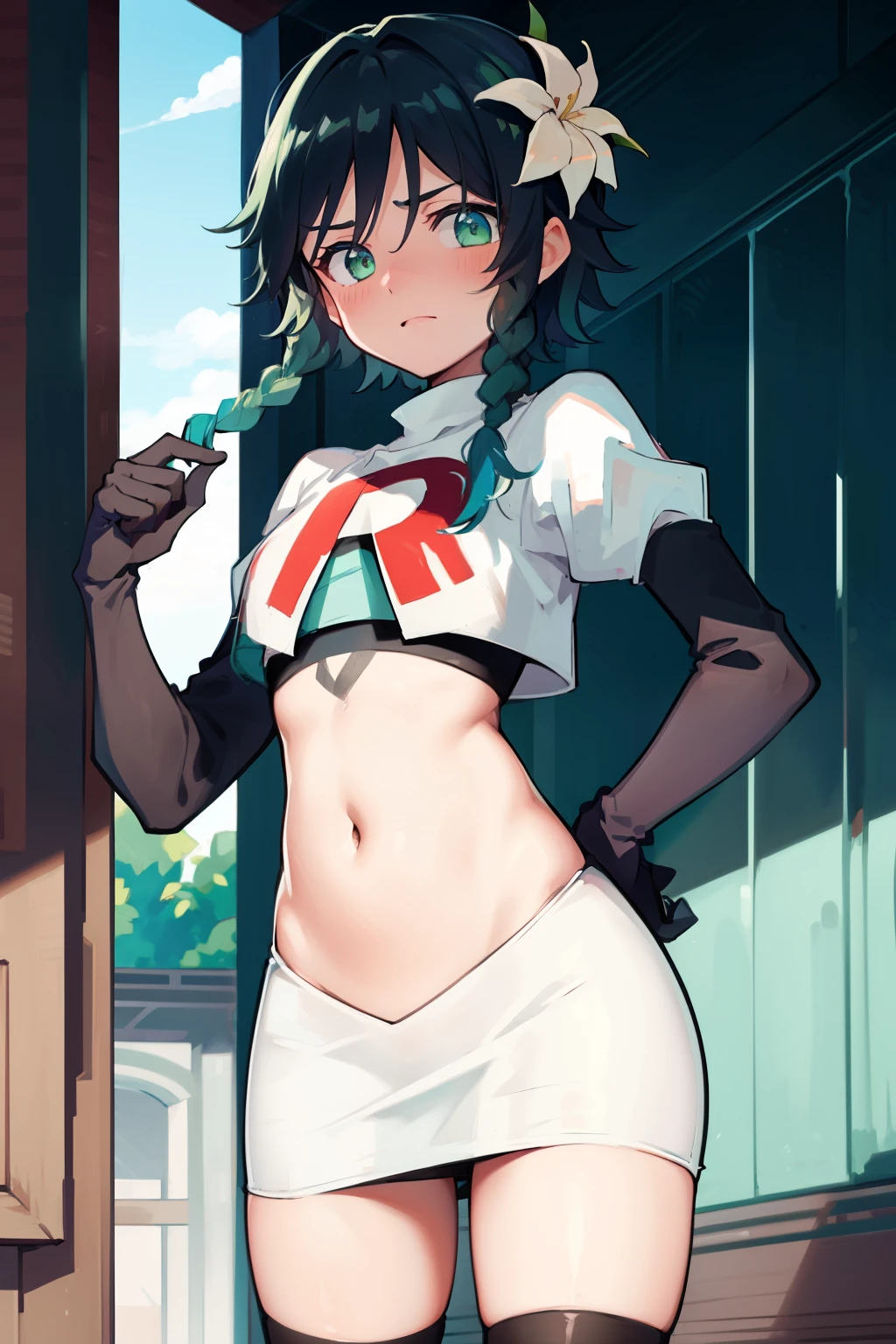 absurdres,venti,1boy, male focus, trap,black hair, green-blue hair, hair braid,hair flower,aqua green eyes,crossdressing,1boy,team rocket,team rocket uniform,white skirt,red letter R,crop top,black thigh-highs,black elbow gloves, embarrassed, blush