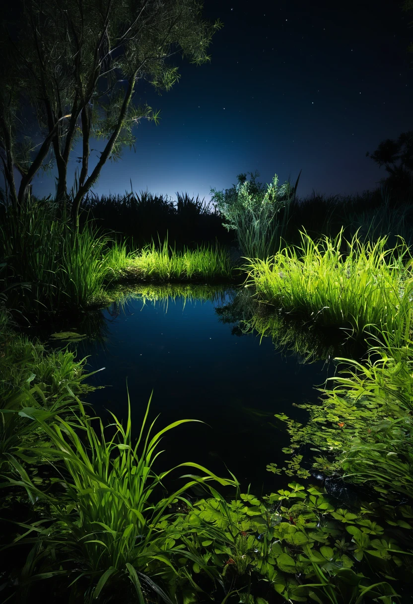 Pond of water in the dark and a place that looks like an isolate but it is a small place in the nice pond that has aquatic grass, ambiente nocturno, recomfornatw y misterioso