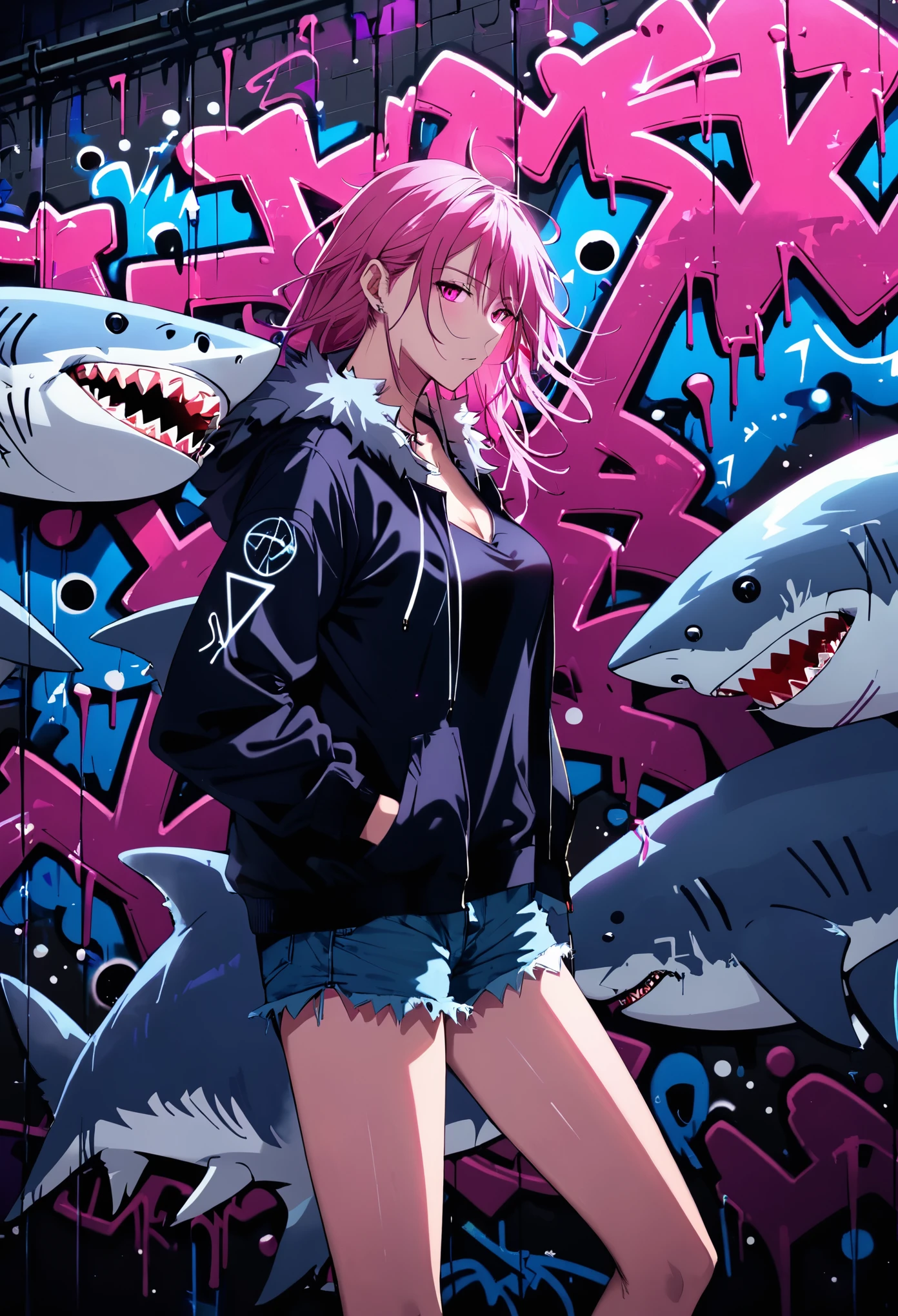 (Graffiti of mysterious Libra|wolf|shark|angle:3.0)，indoor，Fluorescent illumination， (((Darkness shrouded, black background, shadow, extreme darkness, Dark atmosphere：1.8))),，Wall background，black background，silhouette，shadow，extreme darkness，Minimalist graffiti style background，Fluorescent pink eye graffiti，Dark atmosphere，cowboy shot,1girl,(shortest Short shirt cutting1.8)，huge Breast，underboob，blurred background，Blurred foreground，Pink fluorescent hair，Fluorescent pink eyes，Hand raised and touching hair，long hair，Messy hair，Low rise denim shorts，Over-the-knee boots，pink eye shadow，Ruined eyeshadow，Poker face