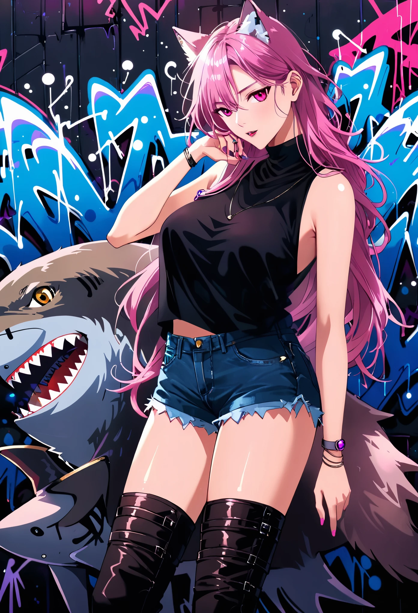 (Graffiti of mysterious Libra|wolf|shark|angle:3.0)，indoor，Fluorescent illumination， (((Darkness shrouded, black background, shadow, extreme darkness, Dark atmosphere：1.8))),，Wall background，black background，silhouette，shadow，extreme darkness，Minimalist graffiti style background，Fluorescent pink eye graffiti，Dark atmosphere，cowboy shot,1girl,(shortest Short shirt cutting1.8)，huge Breast，underboob，blurred background，Blurred foreground，Pink fluorescent hair，Fluorescent pink eyes，Hand raised and touching hair，long hair，Messy hair，Low rise denim shorts，Over-the-knee boots，pink eye shadow，Ruined eyeshadow，Poker face
