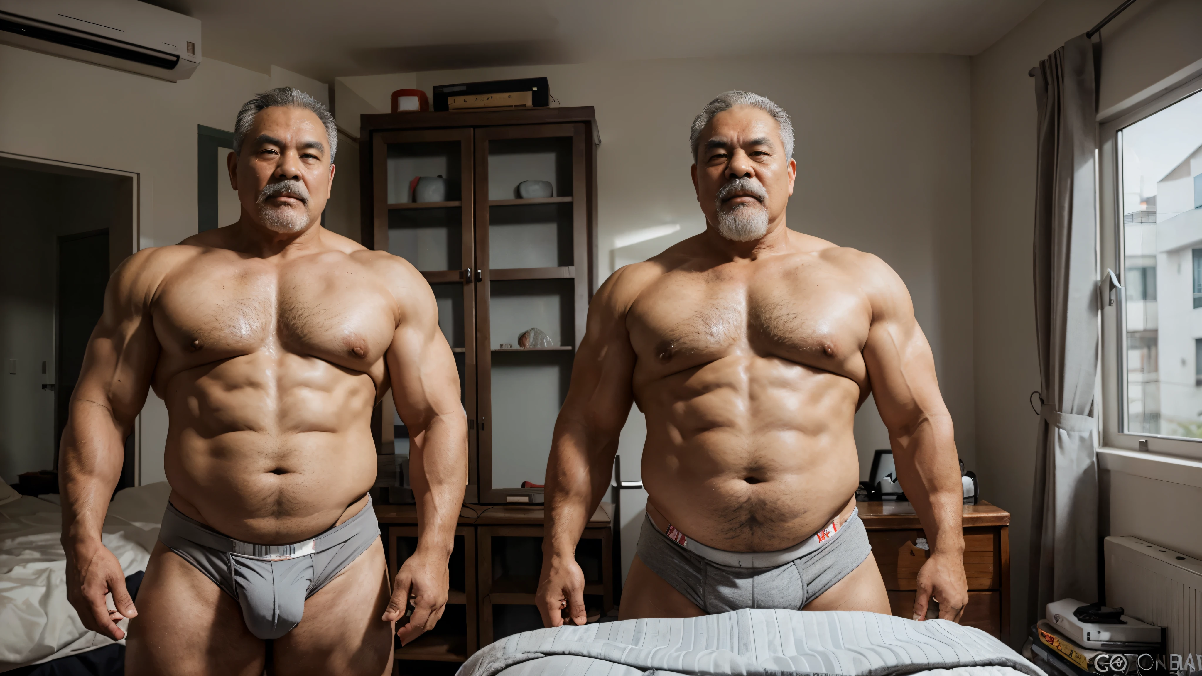 2 Vietnamese grandfathers with gray hair, old man face, a thick gray mustaches, a short gray chin beard, strongman body, wearing a massive bulging gray jockstraps stand in bedroom, have belly, big muscular chest, a sexy pose, show full body.