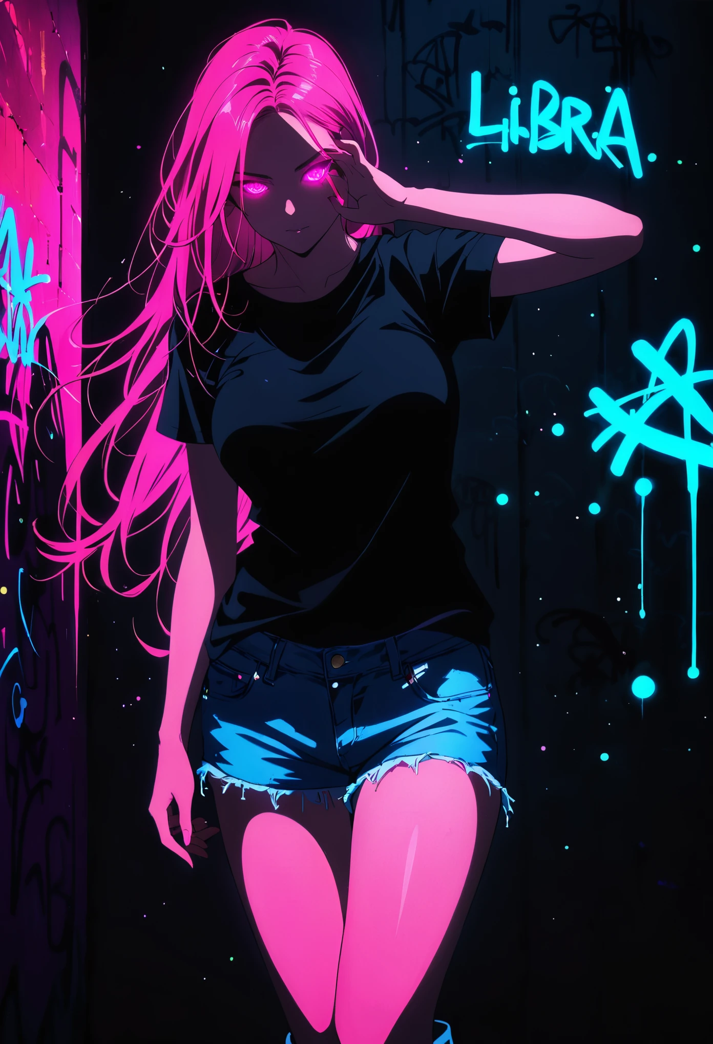 (Mysterious Libra Graffiti:2.0)，indoor，Fluorescent illumination,(Darkness shrouded, black background, shadow, extreme darkness, Dark atmosphere:1.5)，Wall background，black background，silhouette，shadow，extreme darkness，Minimalist graffiti style background，Fluorescent pink eye graffiti，Dark atmosphere，cowboy shot,1girl,(shortest Short shirt cutting1.8)，huge Breast，underboob，blurred background，Blurred foreground，Pink fluorescent hair，Fluorescent pink eyes，Hand raised and touching hair，long hair，Messy hair，Low rise denim shorts，Over-the-knee boots，pink eye shadow，Ruined eyeshadow，Poker face