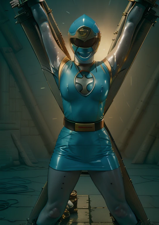 (best quality, masterpiece, RAW photo,ultra-detailed:1.2), 1girl, solo, looking at viewer, ((Hurricane Blue outfit, belt, gloves, helmet, blue spandex vest, sunglasses, blue boots, blue skirt, gray leggings, white gloves)), large big massive breasts, (((spread legs:1.1))), ((bondage cross:1)), nsfw, bdsm, sexy body tied to a bondage cross, raised arms, dark room, eerie light, close up, industrial background, full body render, show full body, creampie, wet