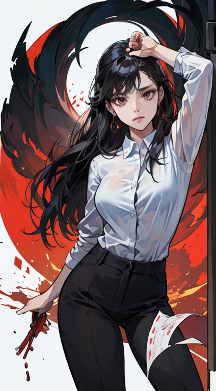 uma personagem feminina，MULHERES，Sister，solid color backdrop，Design de personagem，Papel conceitual，Business suit，pants，Left hand wearing red glove，combates，cabelo preto longo e cacheado，galante，Chique e bonito，Sister Imperial，Decote em close，Espirrando sangue