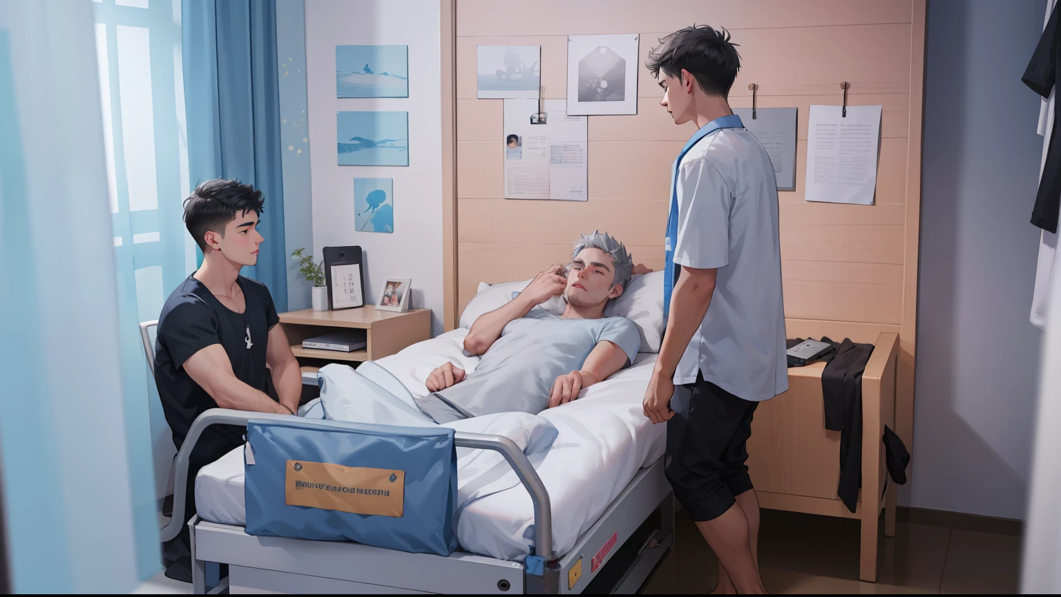 There is a young man, 15 years old, gray hair, sick in bed with gray hair and his friends are taking care of him.