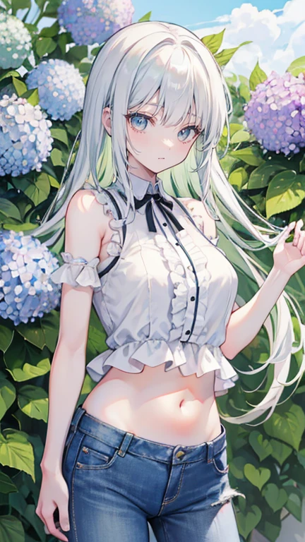 White hair,Long hair,Bangs,Bangs整齐,Green hairband,Gray eyes,girl,cute,laughing expression,Short sleeves with exposed shoulders,White pants,Navel,Standing on the ground,Don't show your arms,Background is hydrangea,Lots of hydrangeas,many clouds