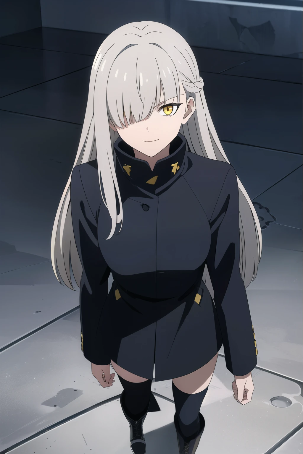 (masterpiece), (best quality), (ultra-detailed), (best illustration), (best shadow), (absurdres), hair accessory, ((long spiky hair)), straight hair, gray hair, ((yellow eyes)), (hypno eyes), ((spiral eyes)), 1girl, solo, jacket, bangs, gakuran, smirking, long sleeves, looking at viewer, upper body, ((hair covering left eye)), ((left eye hidden)), ((bangs covering left eye)), ((hair over one eye)), boots, thigh highs, leg warmers, anklewarmers, gaiters