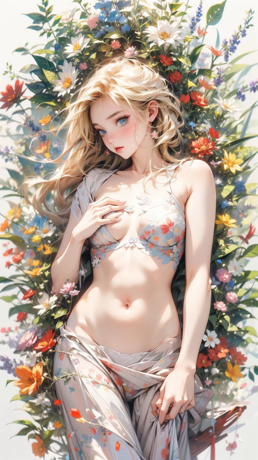 (masterpiece, High resolution, highest quality), Composition from head to thighs:1.3, Upper body focus, A naked 20 year old woman, Blonde Hair, Pose where you cover your chest with your hands, FSW, Disorganized, Petal Collage, abstract design, artistic juxtapositions, White background, mixed-media approach, Anime Style, simple lines, Digital Painting,