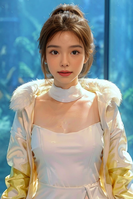 (((8k))),((Extremely meticulous CG)),(wallpaper),16k,((Extremely refined and beautiful)),(((Masterpiece))),(((best qualtiy))),(((Ultra High Resolution))),beautiful light up,Perfect lightning,realistic shaded,[A high resolution],(Smooth and flawless fair skin:1.5),Extremely exquisite facial details,(perfect body:1.1),ultra - detailed,A beautiful girl,small head,((very short ponytail)),small face,Exquisite makeup,clear face,(pale skin:1.3),(huge breasts:1.1),towering chests,slim,thin,happy Smile,(white fur jacket:1.3),thighs,slender bare legs,white boots,(Standing in the aquarium:1.2),Dark light,(detailed background:1.5),(from front:1.3),(upper body:1.3),Epic fantasy concept, Modern transparent building at night，It  a huge aquarium containing marine life, Nice colorful light decoration, Wide shot, 8k Octane rendering, Photorealistic, Cinematic lighting, detailed building, Detailed fishes