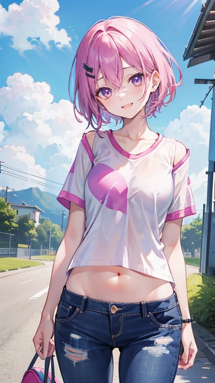 Pink hair，Purple Eyes，short hair，sister head，Two black hairpins，Girl，cute，Laughing happy expression，Short sleeves with exposed shoulders，jeans，Navel，Standing on the ground，Don't show your arms，The background is school，many clouds