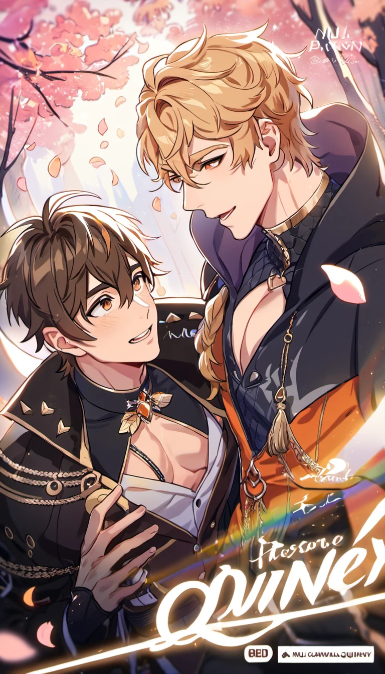 absurdres, highres, ultra detailed, HDR, master piece, best quality, Quincy, blond messy short hair, expressive orange eyes, Nu Carnival, Eiden, brown hair, expressive brown eyes, 2men together, sexy gay couple, handsome, small tight black leather shirt, black leather coat, belt around his chest, showing the abdomen, window, red curtains, petals, flowers